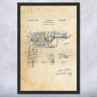 Framed Electric Power Drill Print, Carpenter Gift, Woodworking Art, Drill Blueprint, Workshop Decor, Construction Worker Vintage Paper (9x12)