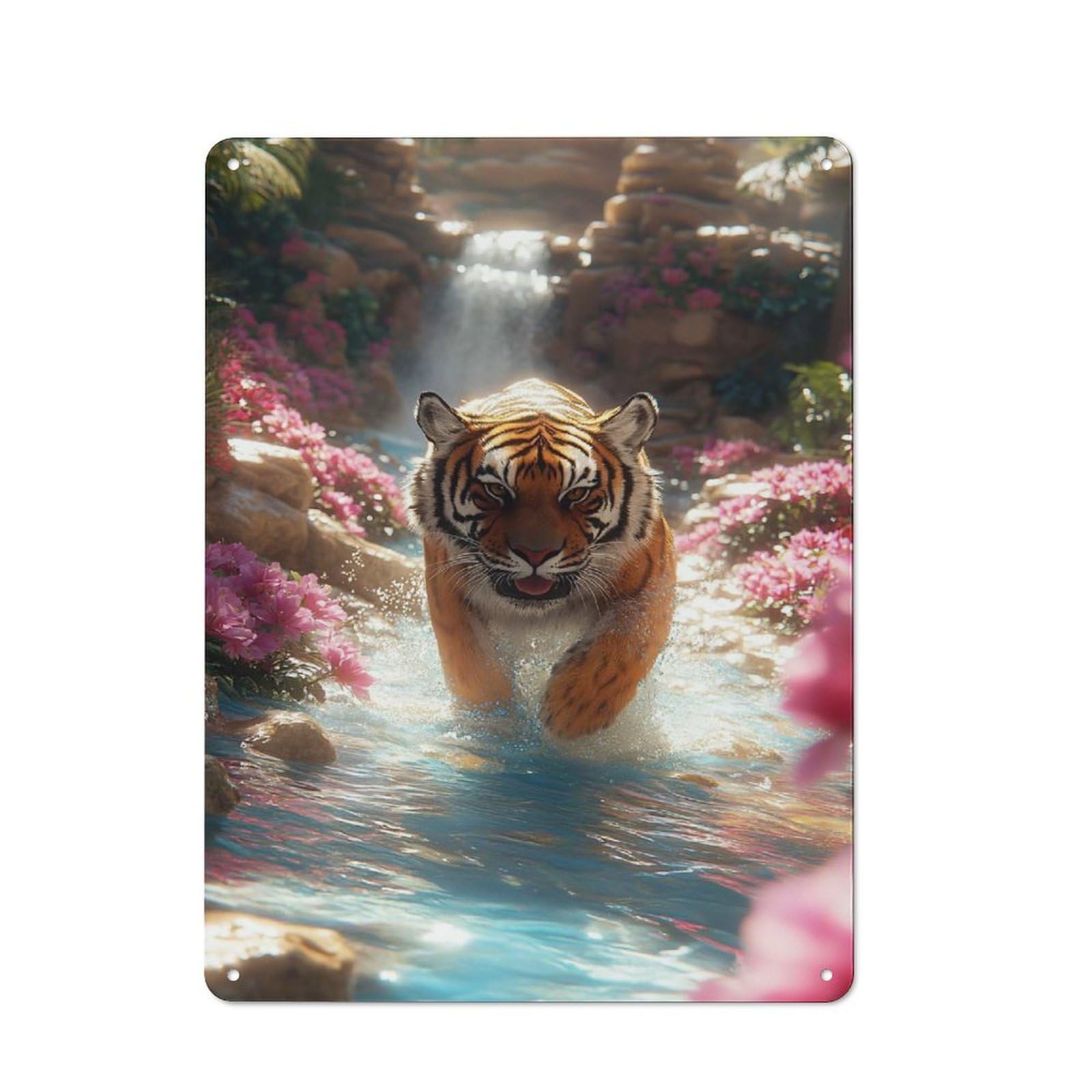 Junmoney Style-24 Tiger In Waterfall Paradise Metal Wall Plaque 40X30cm, Classic Retro Room Decor For Bedroom, Office, Home Bar Or Dining Room
