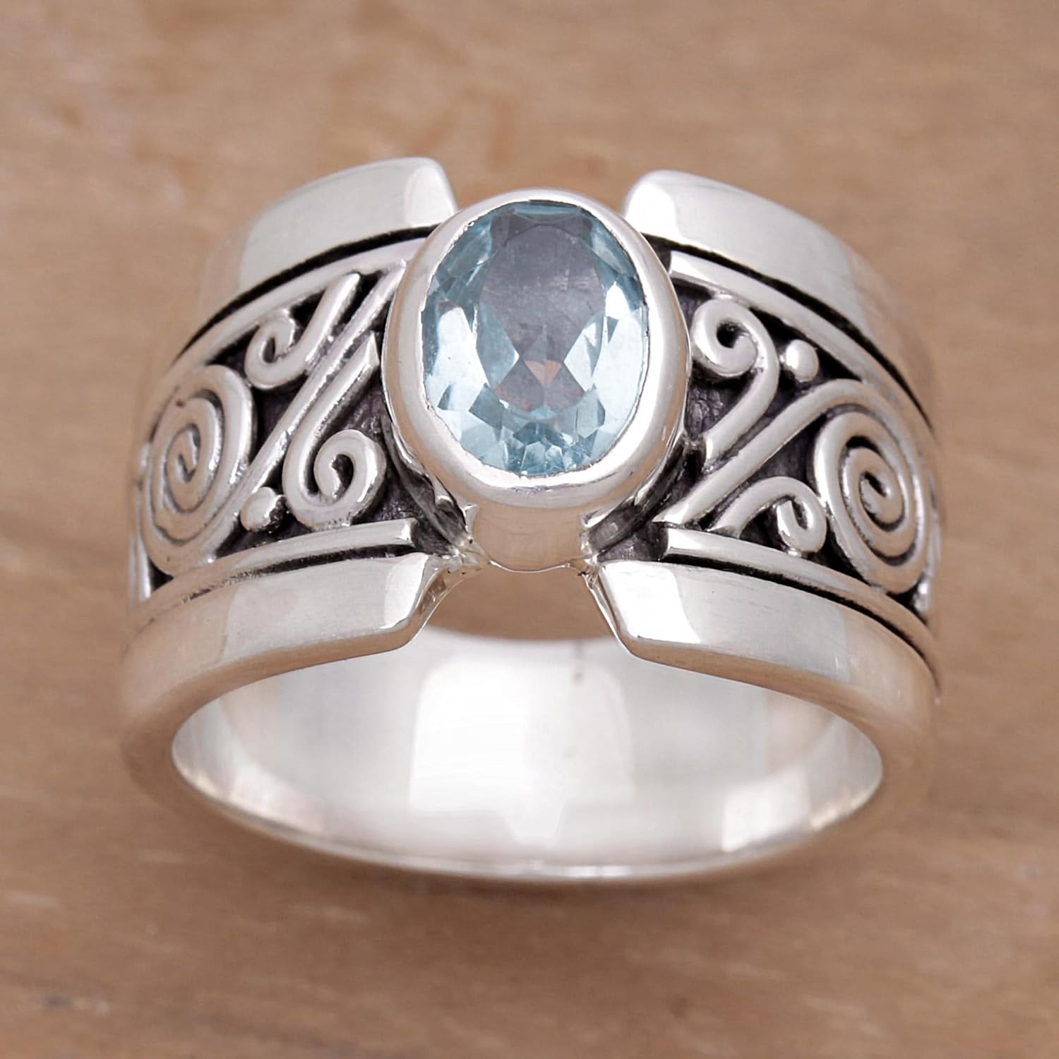 NOVICA Artisan Handmade Blue Topaz Single Stone Ring .925 Sterling Silver Wide with Indonesia Serenity Birthstone 'Blue Karma' - Image 2