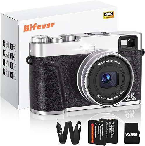 Bifevsr Cámara digital 4K con tarjeta SD, cámara de vlogging de 48 MP con visor de marcación flash, cámara para fotografía y enfoque automático de
