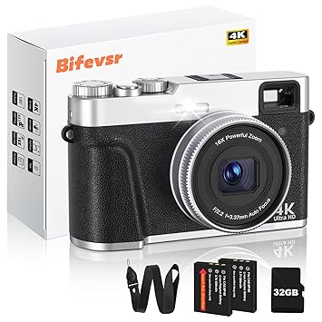 Bifevsr 4K Digital Camera with SD Card, 48MP Vlogging Camera with Flash Dial Viewer, Camera for Photography and Video Autofocus, Portable Travel Camera, 16X Zoom Anti-Shake