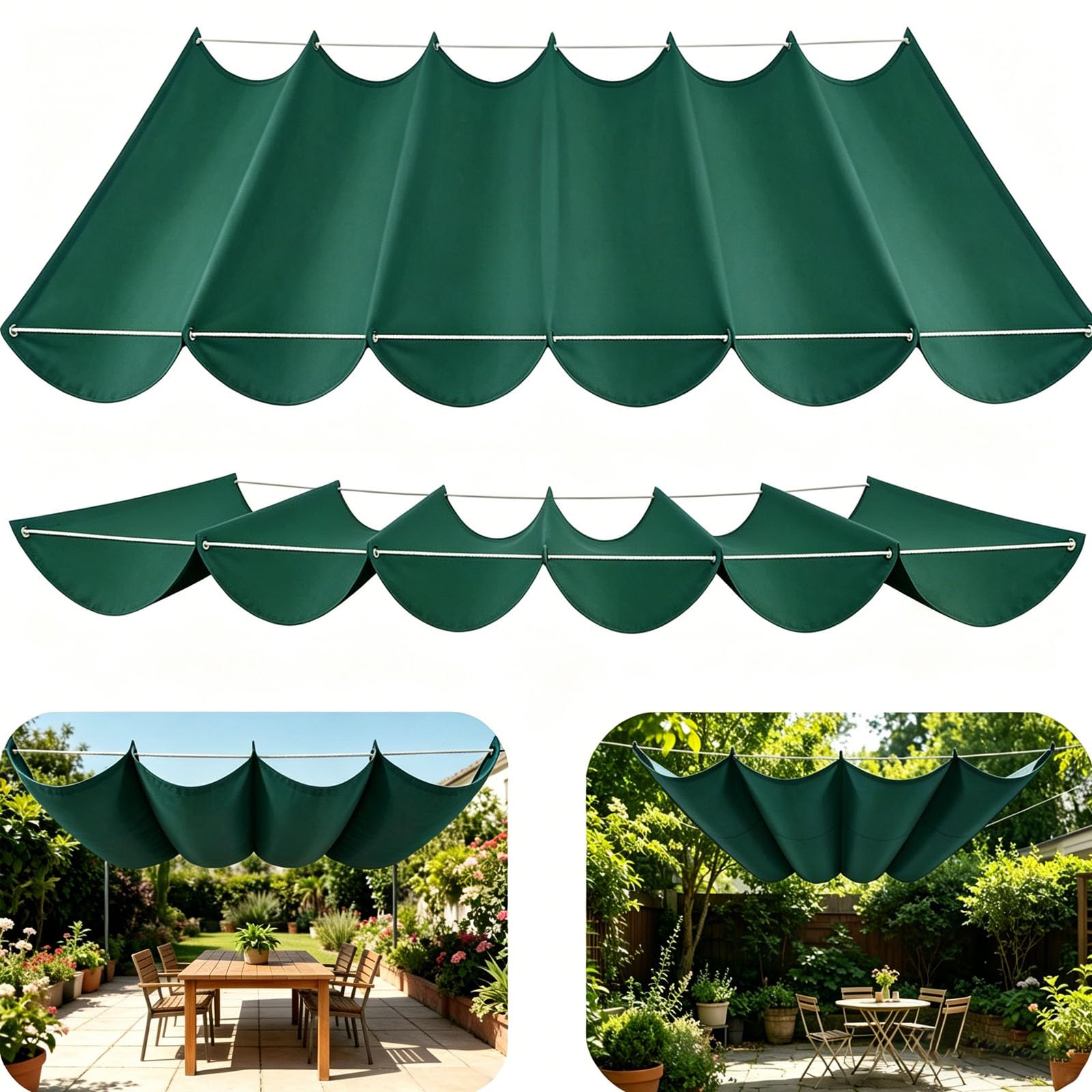 Retractable Sun Sail Shade Canopy for Outdoor Use, Custom Pergola Waterproof Shade Cover,Wave Design, Thickened Fabric, With Rope Patio for Garden Patio Balcony Pool-Dark Green||50x200cm