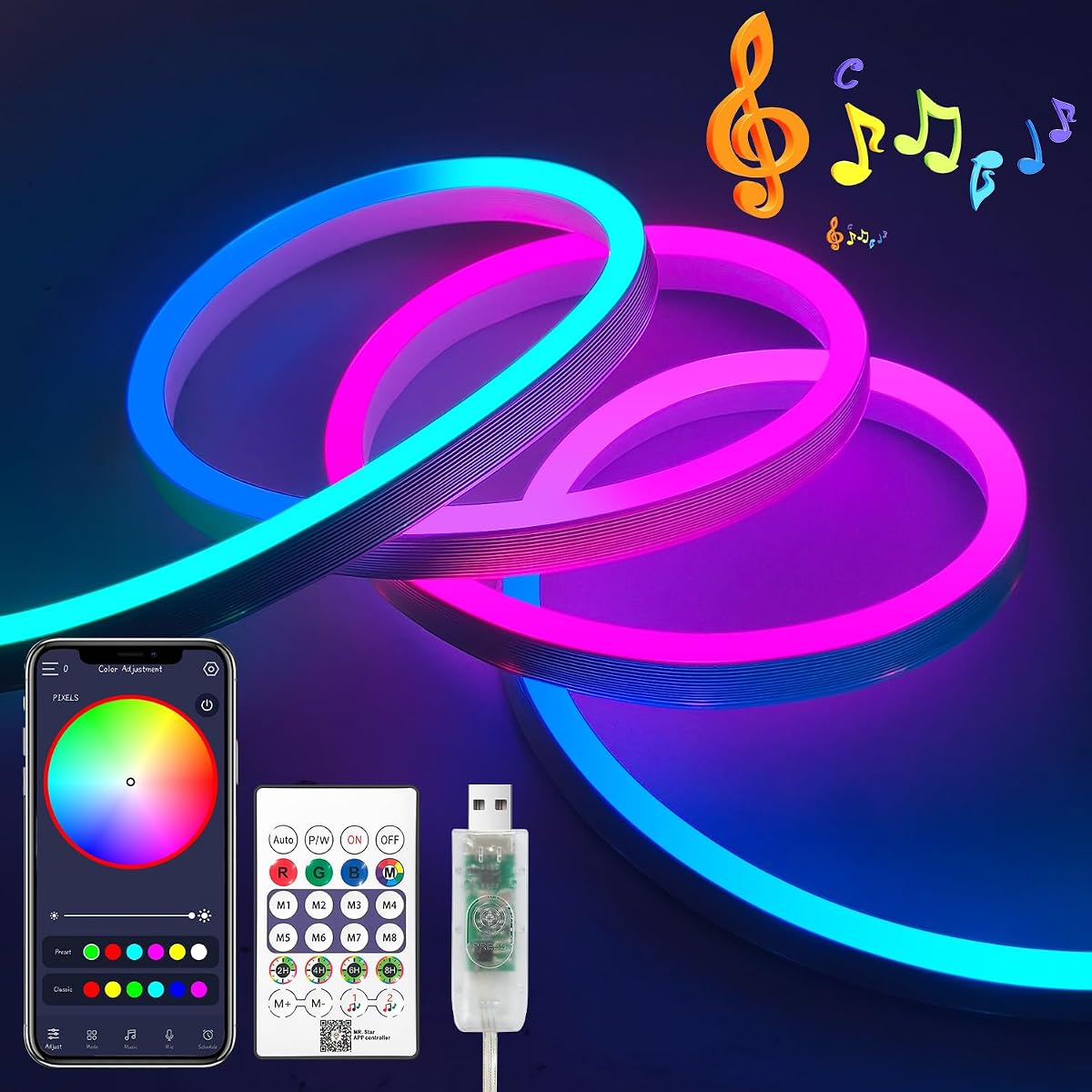 16.4FT Smart IC LED Strip Lights 5V USB RGB Neon Rope Lights | IP67 Waterproof Flexible Neon LED Lights Strip with App & Remote Control, Dimmable LED Strips with Music Sync for Party Decor