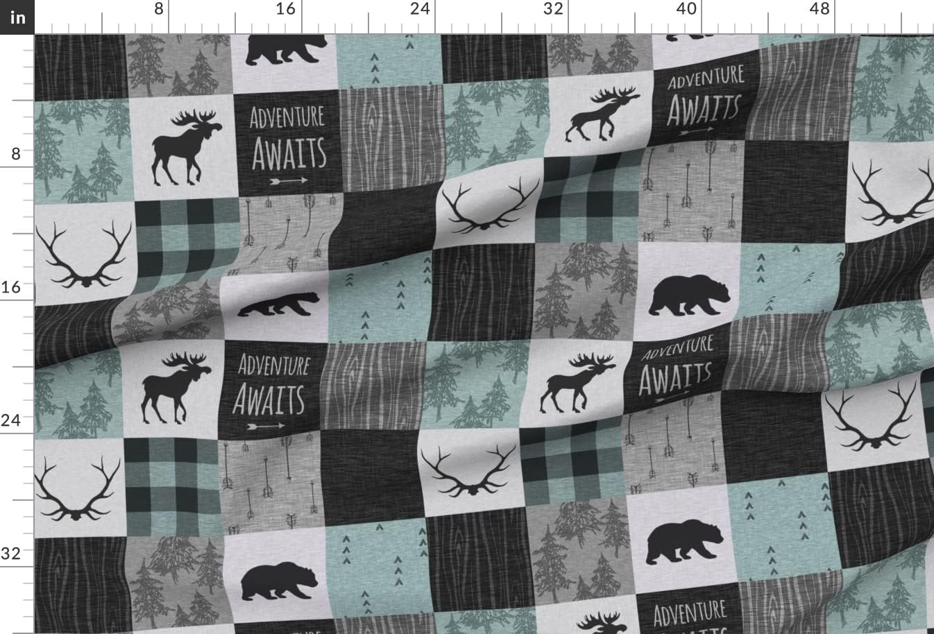 Spoonflower Fabric - Adventure Awaits Quilt Aqua Black Grey Mint Moose Patchwork Woodland Printed on Minky Fabric by The Yard - Sewing Baby Blankets Quilt Backing Plush