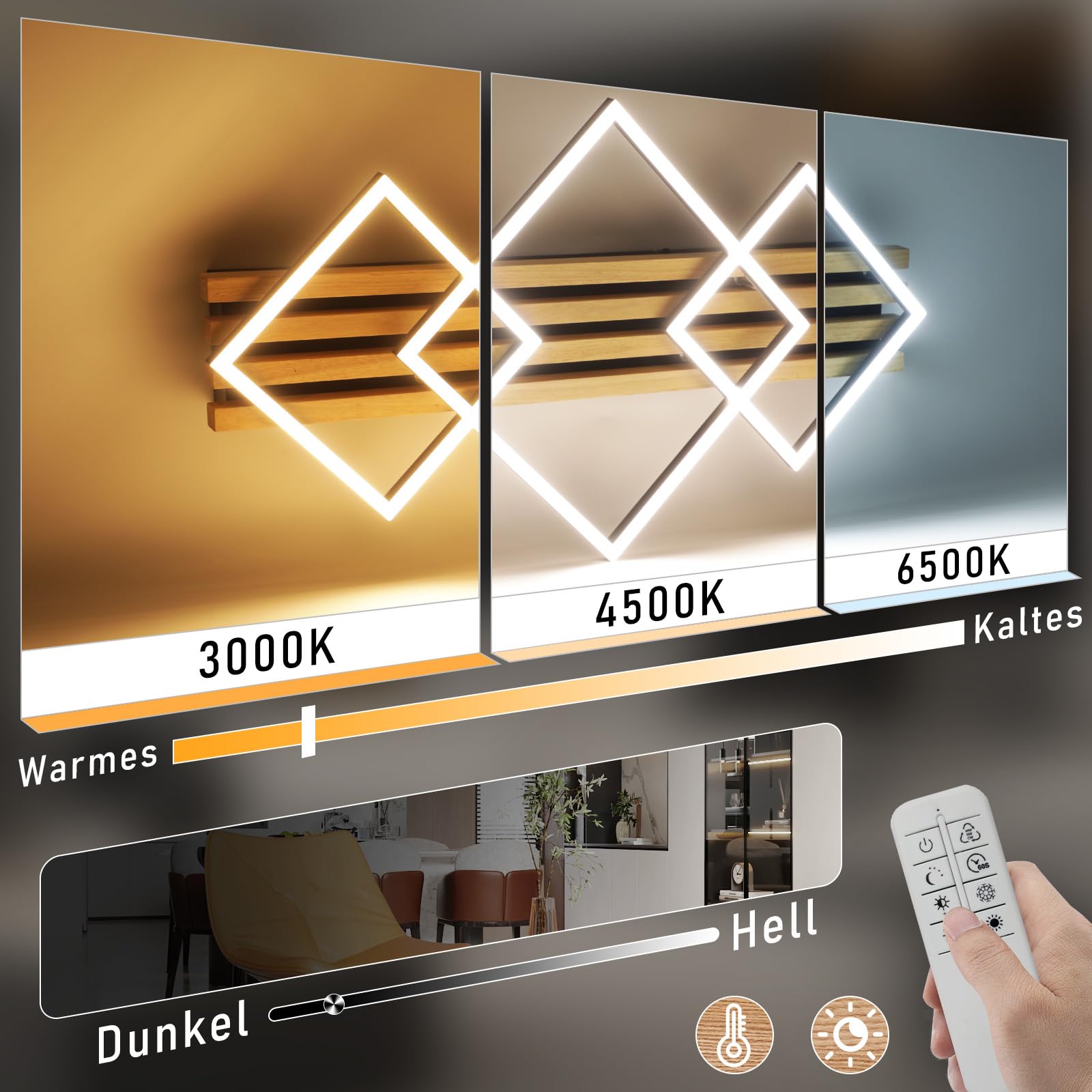 GBLY LED Deckenleuchte Holz 70cm Deckenlampe Dimmbar Wohnzimmerlampe | Modern Schlafzimmerlampe 46W Schwarz eckig küchenlampe fur wohnzimmer schlafzimmer Küchen Flur Büro Lampe, Memory-Funktion