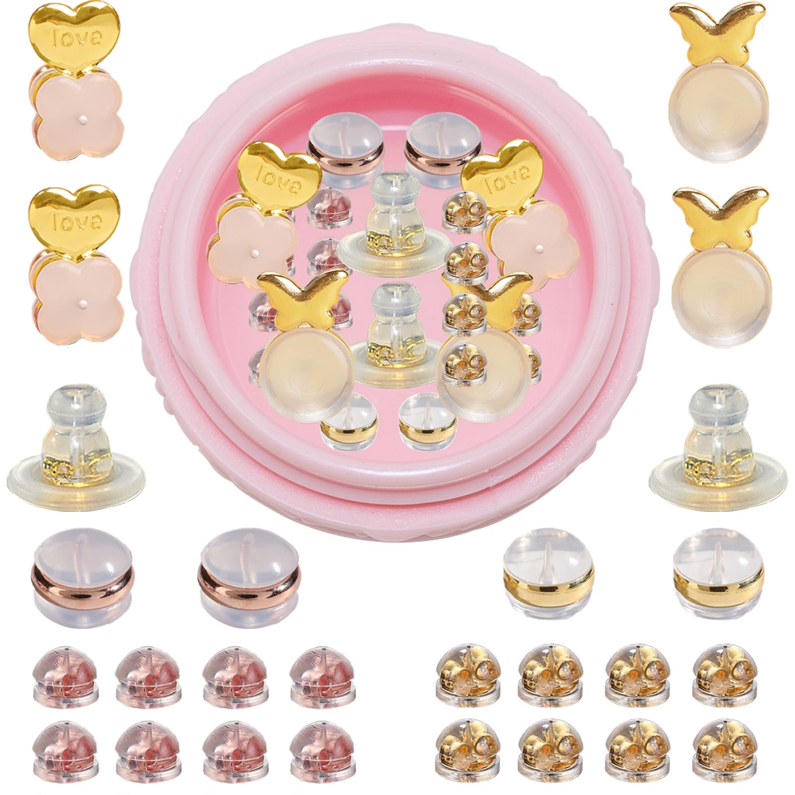 YUISI 26Pcs Golden Earring Backs Stopper for Ear Studs, Earring Supporter for Heavy Earrings, Various Sizes Stud Backs, Multi-Shape Design, Anti-Slip, Skin-Friendly with Storage Box