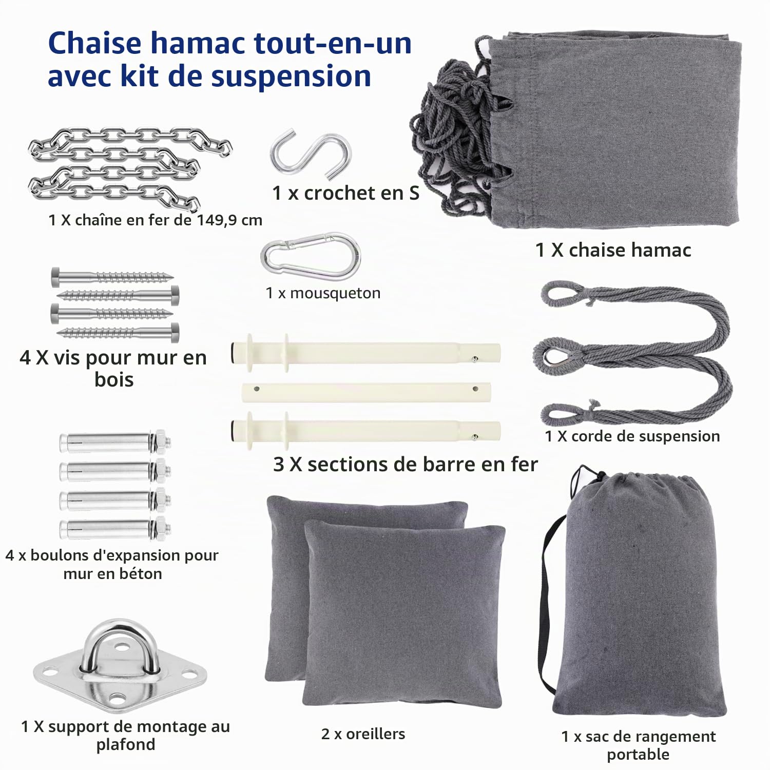 Ohuhu Fauteuil Suspendu Exterieur avec 2 Coussins, Chaise Suspendue Balançoire de Relaxation, Fauteuil Suspendu Interieur Adapté à Tout Décor, Chaise Suspendue Facile à Assembler, Gris