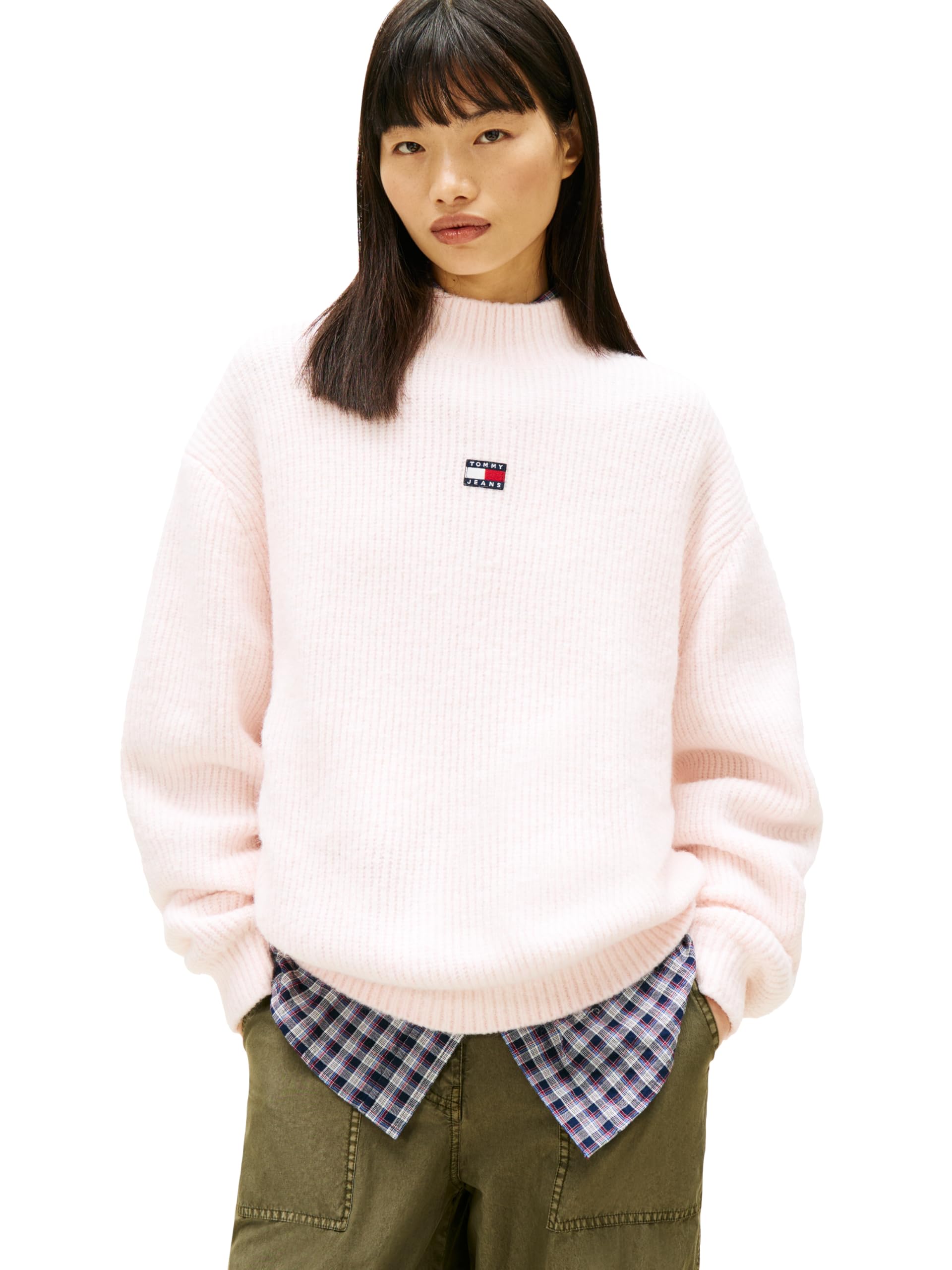 Tommy Jeans Womens Medium Weight Wool Blend Mock Neck Sweater with Embroidered Logo
