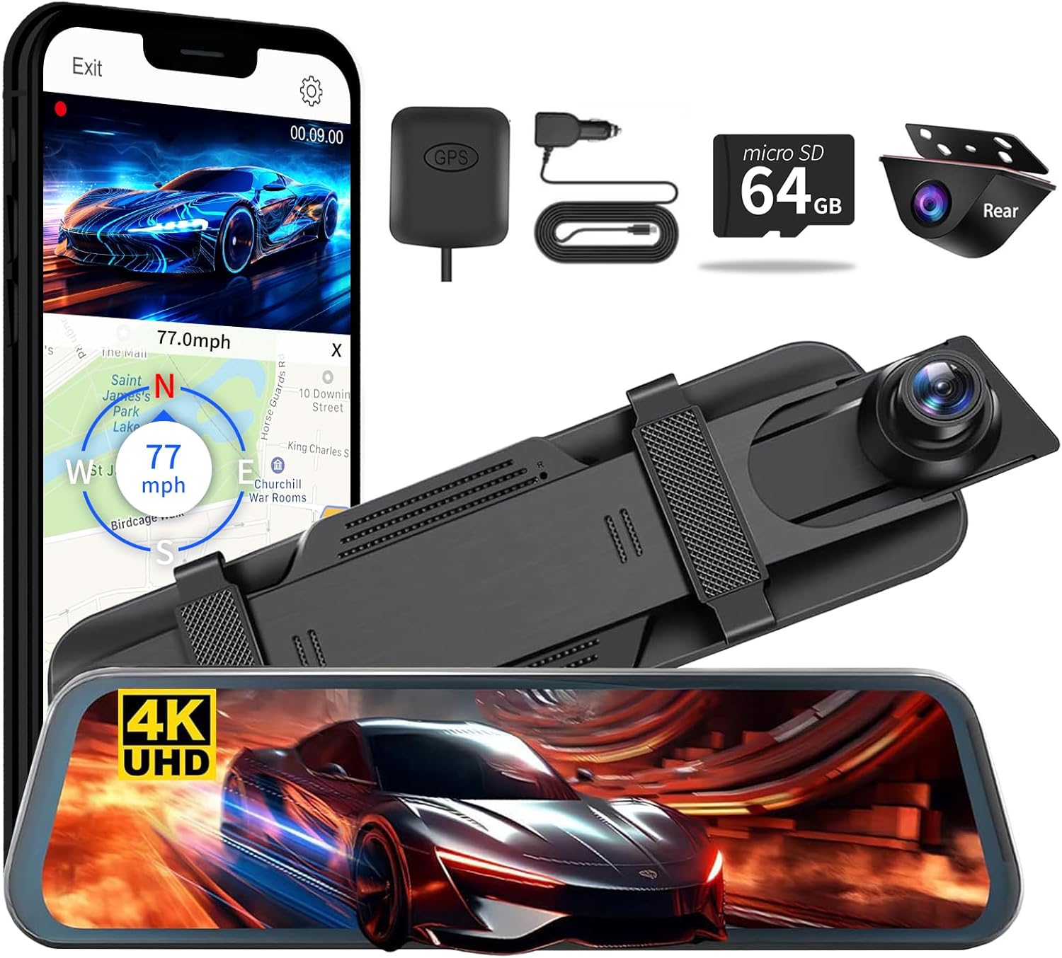 Mirror Dash Camera for Car Dual Dashcam 4K Front 1080P Rear View w/Wi-Fi&APP ADAS BSD LCA GPS WDR Night Vision G-Sensor Loop Recording Parking Monitor 64GB Card