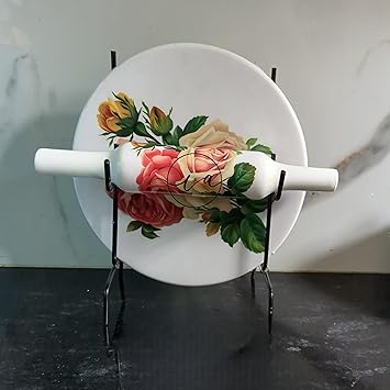 Marble Roti Maker with Wooden Belan Enamel Print/White Marble Chakla 10 Inch Diameter with Belan (Printed Enamel Chakla Belan) (White Rose)