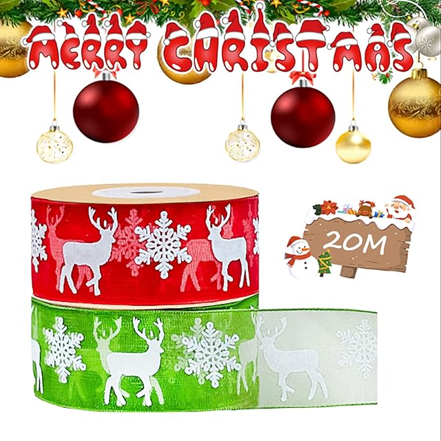 Xmas Ribbon Jsdoin 2 Rolls Christmas Ribbons with Snowflake Elk Pattern 20M Organza Ribbons Gift Wrapping Ribbons for Xmas Gift Wrapping Box Candy Bags Wreaths Cakes Xmas Tree Deco