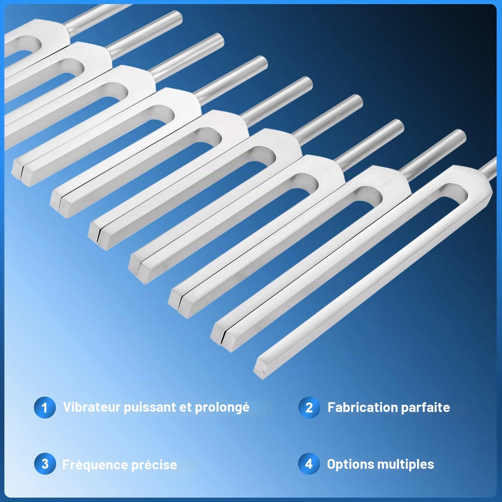 DRELD Lot de 9 Diapasons Argentés + 1 Marteau en Silicone Bleu et Chiffon de Nettoyage pour Réparation ADN, Thérapie Sonore, Guérisseurs, Vibrations