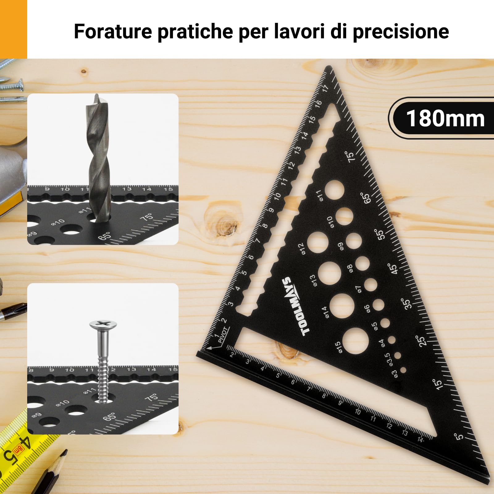Squadra da falegname Set 180mm & 300mm, goniometro di precisione con zona per appunti cancellabile, squadre in alluminio da 45 e 90 gradi per disegnare, misurare e controllare con precisione