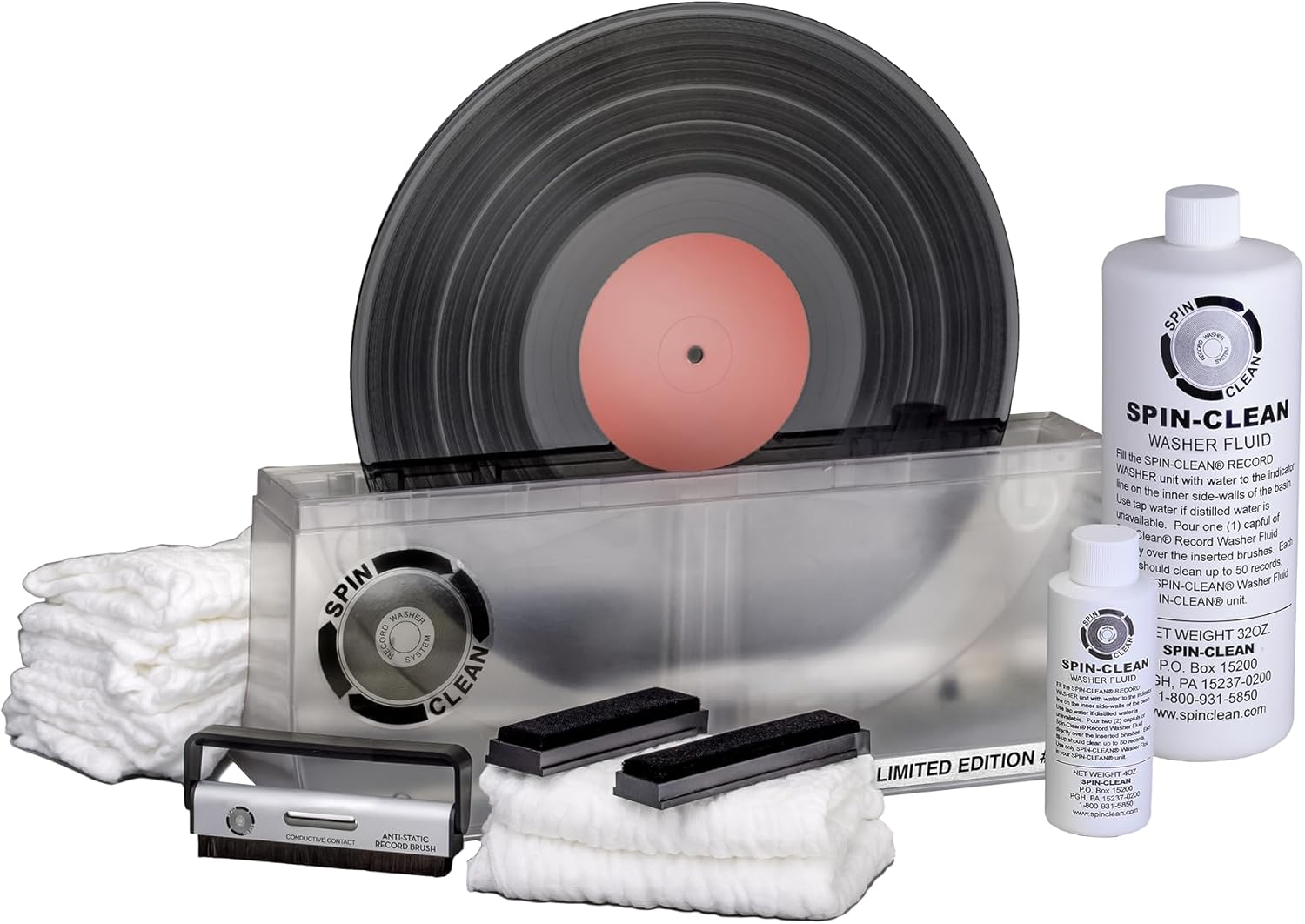 Spin-Clean Limited-Edition "Clear" Vinyl Record Washer Deluxe Kit | Record Cleaning Kit | Vinyl Record Cleaner | Includes Five Extra Drying Cloths, Extra 32oz. Fluid & Extra Brushes | Additional Anti-Static, Carbon Fiber Brush | Perfect for 33, 45 & 78 RPM