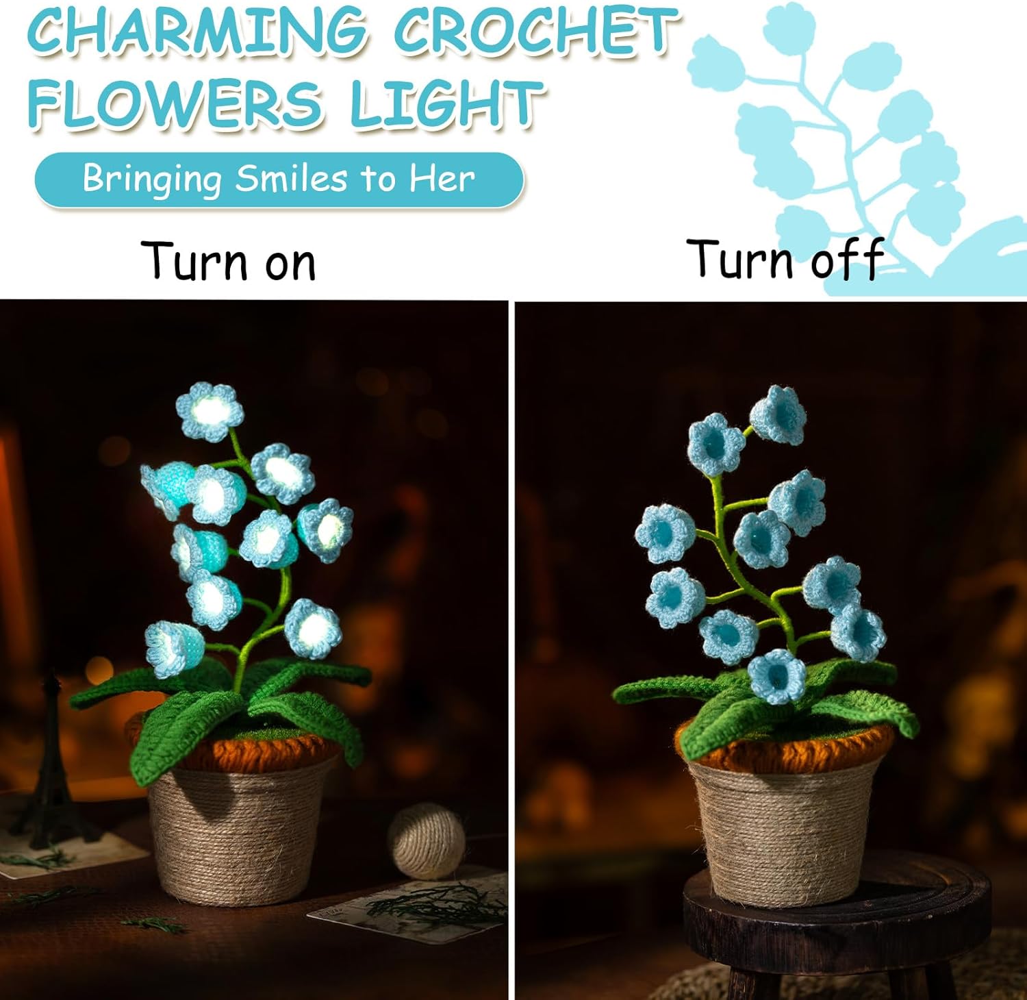 Lily of The Valley Lamp, Blue Crochet Artificial Flowers with Night Lights, Cordless Table Lamp -Birthday Gifts for Women,Cozy Home Decor Mothers Day Gifts
