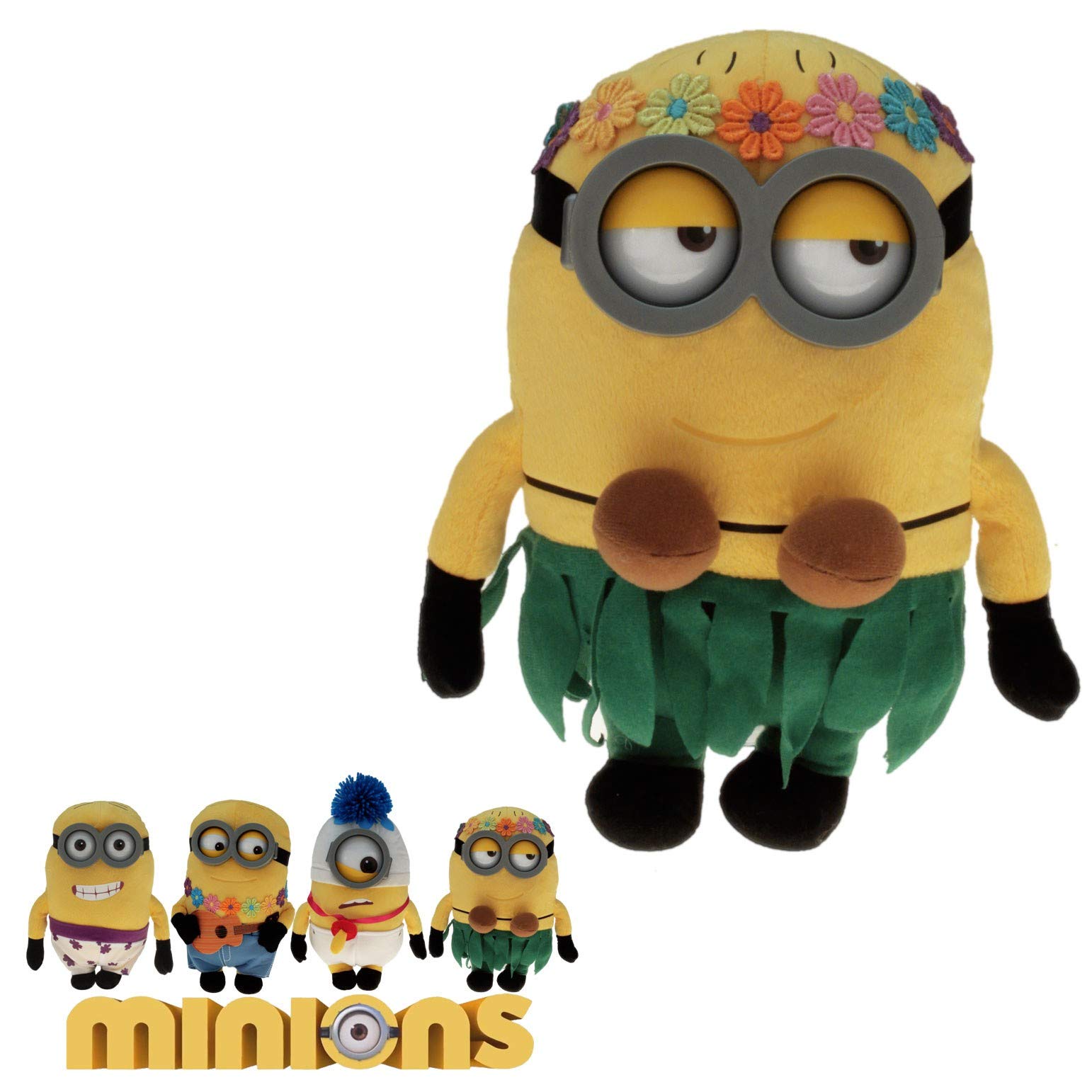 Grand Minion Peluche – Plage, Guitare, Lunettes Plastique, 27 Cm, Neuf