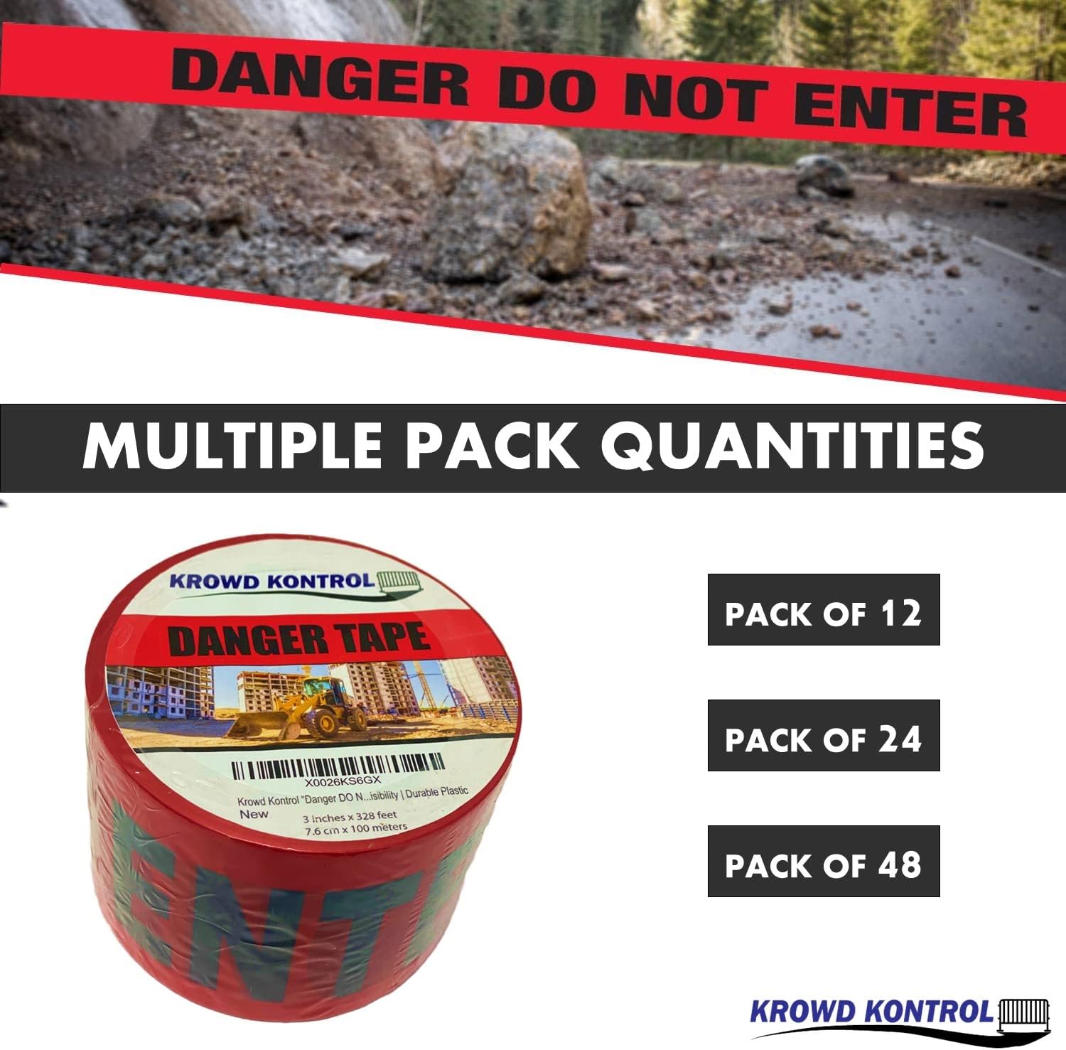 Krowd Kontrol Danger Do Not Enter Tape - 328' Feet Roll – 3” Inch Wide Red Tape - 48 Pcs/Pack – Safety, Hazard Warning, Barricade, Barrier Tape for Police, Halloween, Party Decoration