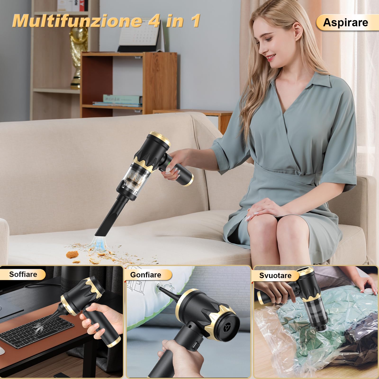 Robofun 4 in 1, aspirapolvere a mano, 25000 Pa, 105000 giri/min, motore senza spazzole, rimozione della polvere con un pulsante, aspirapolvere a mano senza fili, per auto, ufficio, divano, peli di