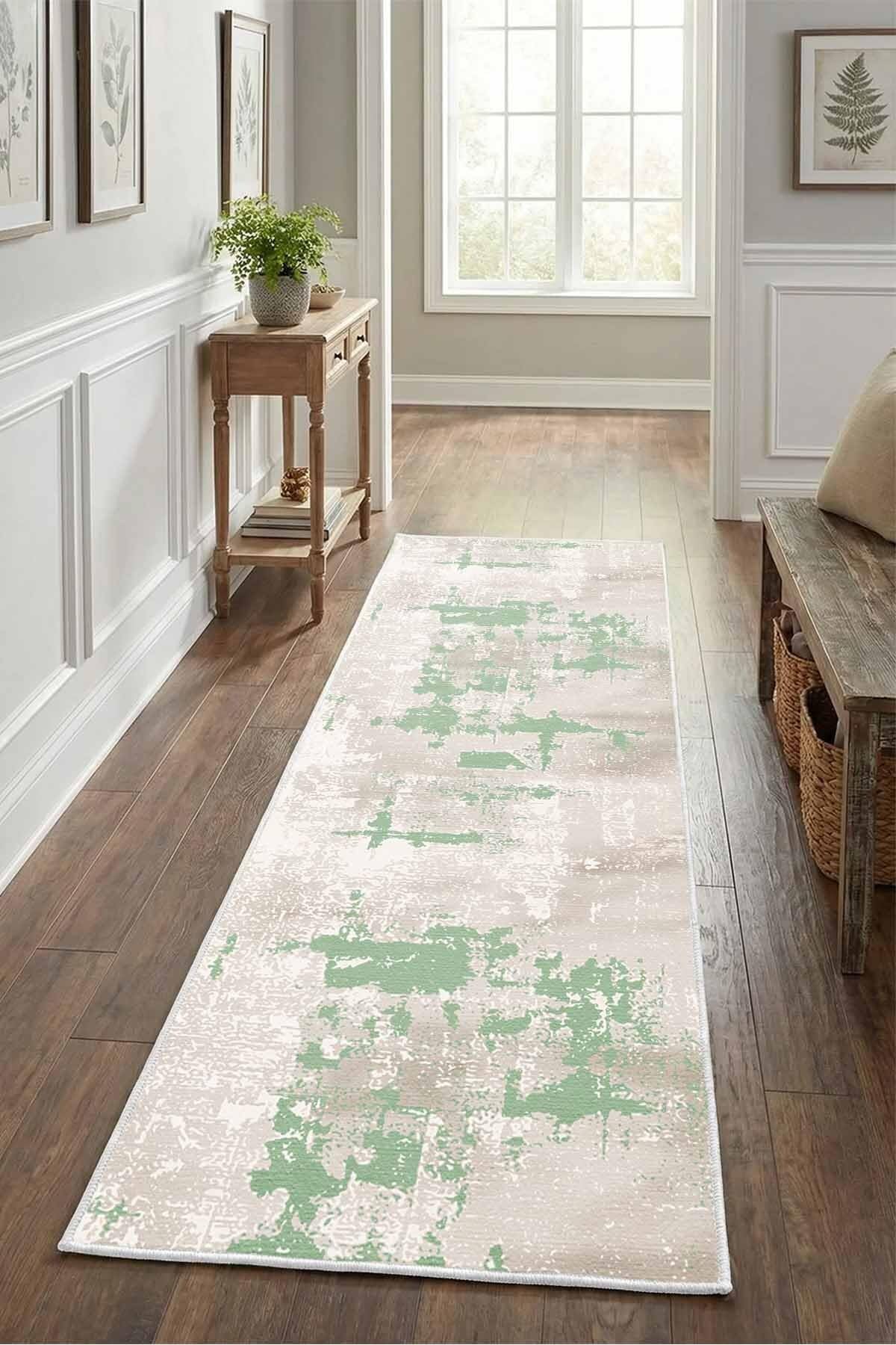 Monnhein Yeşil Yolluk Ceren - Yıkanabilir, Kaymaz Taban, Dijital Baskılı, Leke Tutmaz, İnce Hav, Modern Koridor, Mutfak, Antre ve Salon için Dekoratif Yolluk
