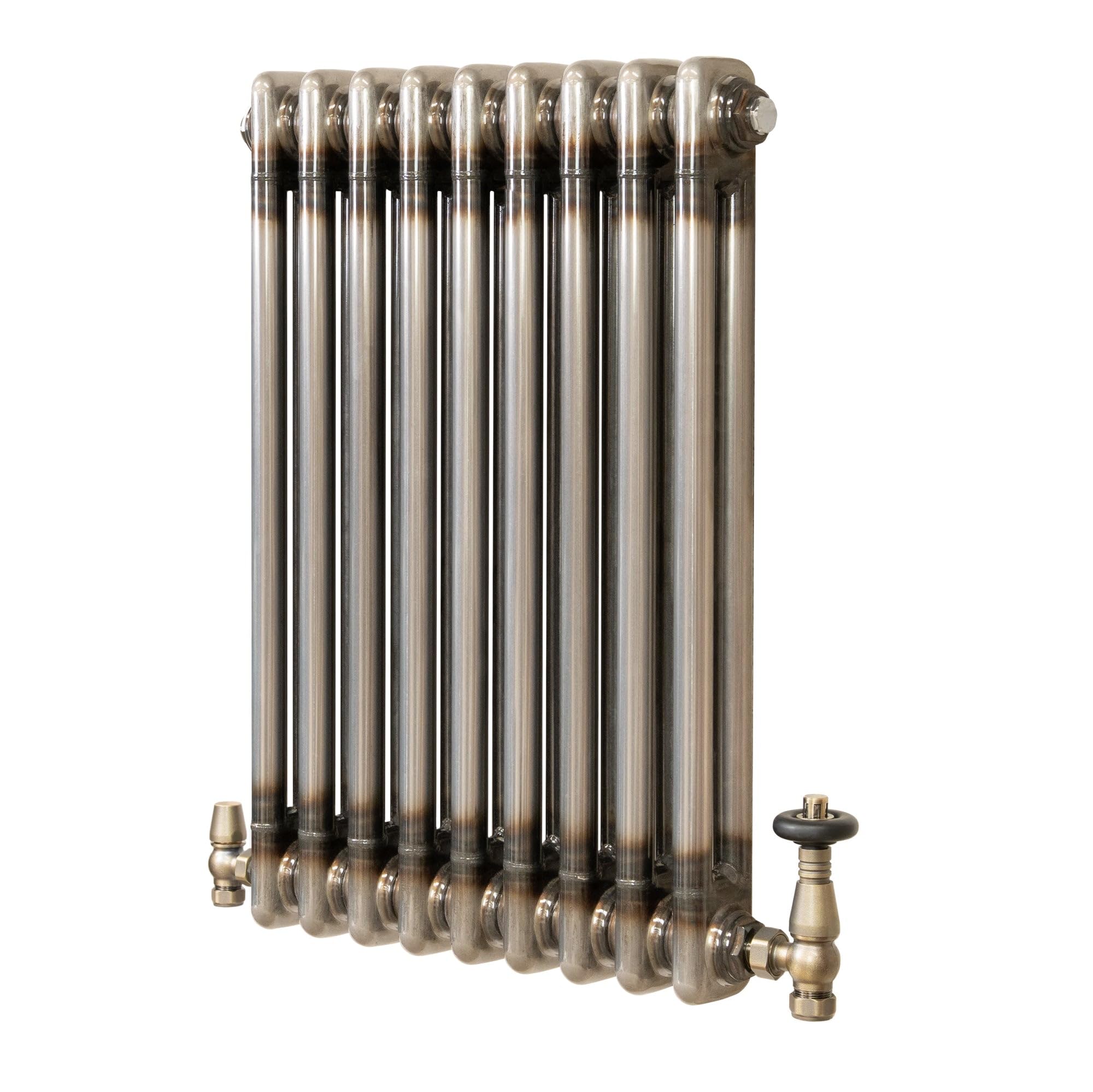 Traditional 2 Column Radiator 600mm x 425mm & TRV Valves Modern Central Heating Heater Raw Metal Carbon Steel Horizontal Wall Mounted Kitchen Living Room Bathroom Cleaning Brush Fixing Kit & Brackets