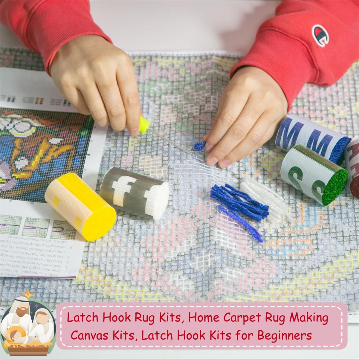 DL-YTG Latch Hook Kits Rug Jesus Be Born Crochet Yarn Cushion Colour Pre-Printed Canvas Cover Rug Needlework DIY Hook and Latch Kit Christmas Home Decoration 52x38cm/20 X15inch
