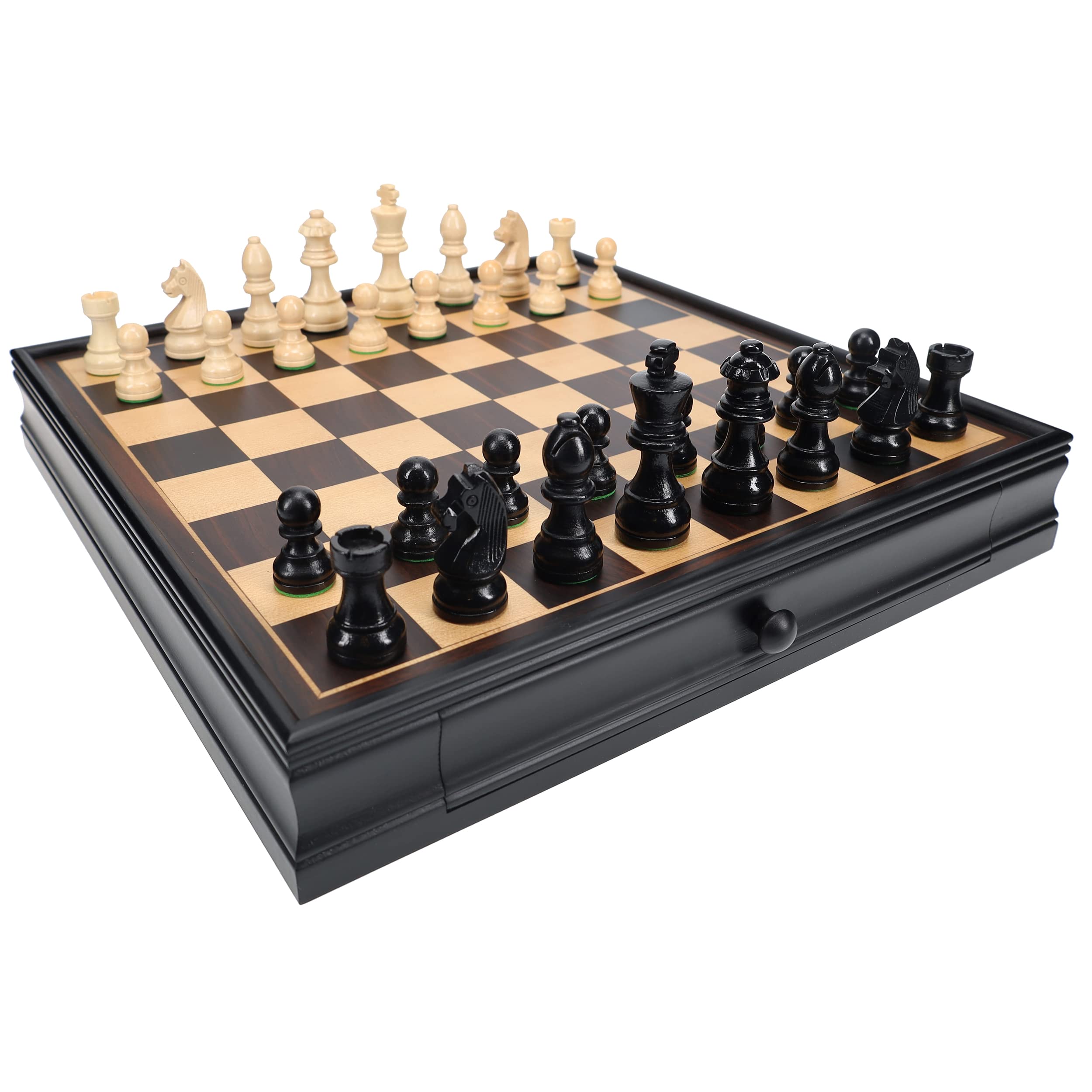 WE Games Staunton Chess & Checkers Set - Weighted Pieces, Black Stained Wooden Board with Storage Drawers - 15 in.