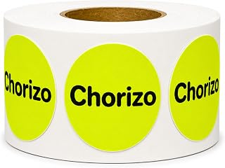 Chorizo Stickers, 3/4 Inch Round Food Labels for Deli, 500/Roll | Fluorescent Yellow Stickers for Breakfast Burritos, Tacos, Wrappers, Takeout Orders, Restaurants and Food Trucks. Made in USA