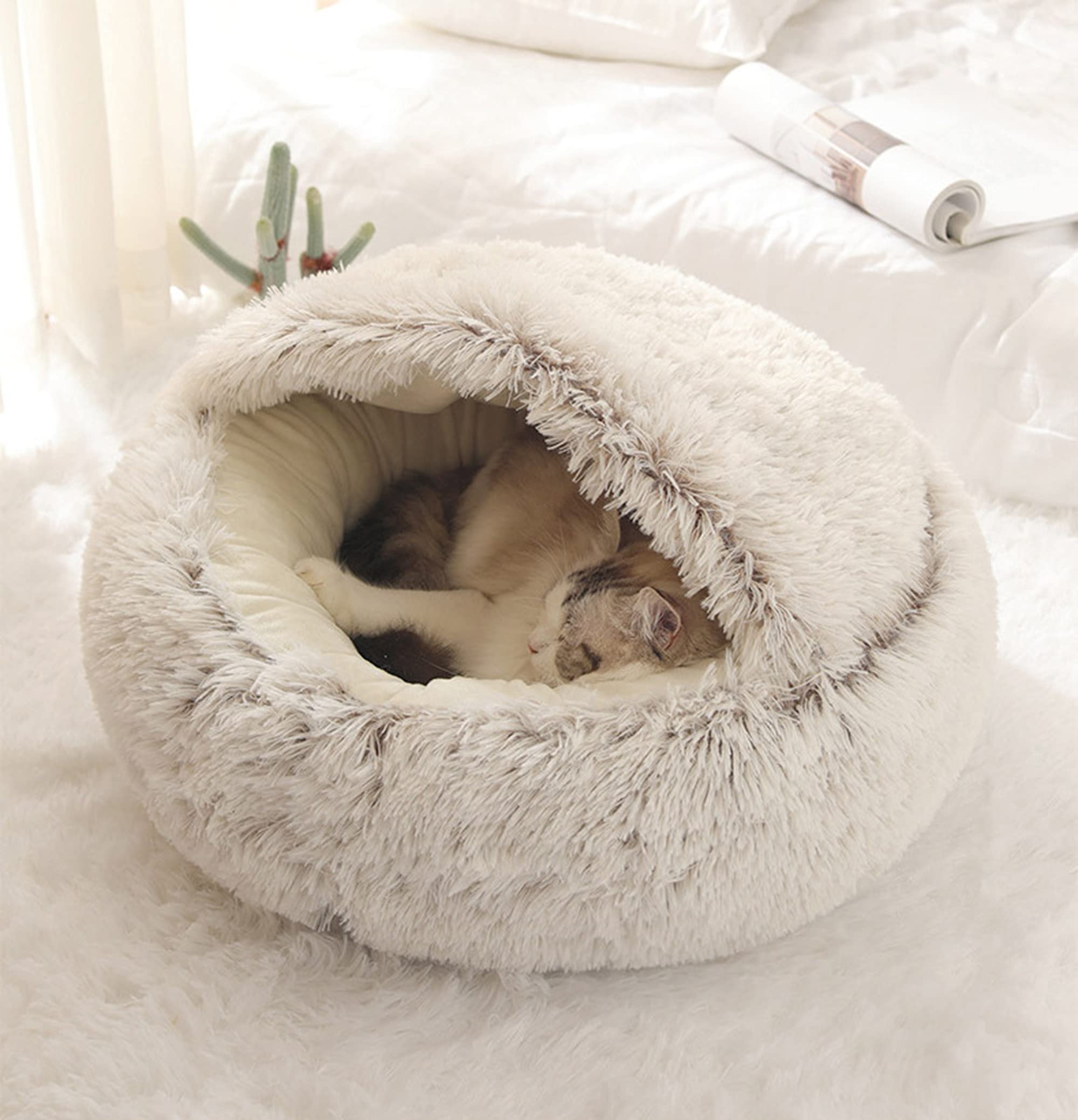 Fluffy Cat Dog Bed Soft Warm Sofa Cuddly Cave Cat Sleeping Bag Plush Cat Bed, Round Hooded Cat Bed Tent Igloo Sleeping Bed for Big Dog Cat Puppy Rabbit,50CM,Brown