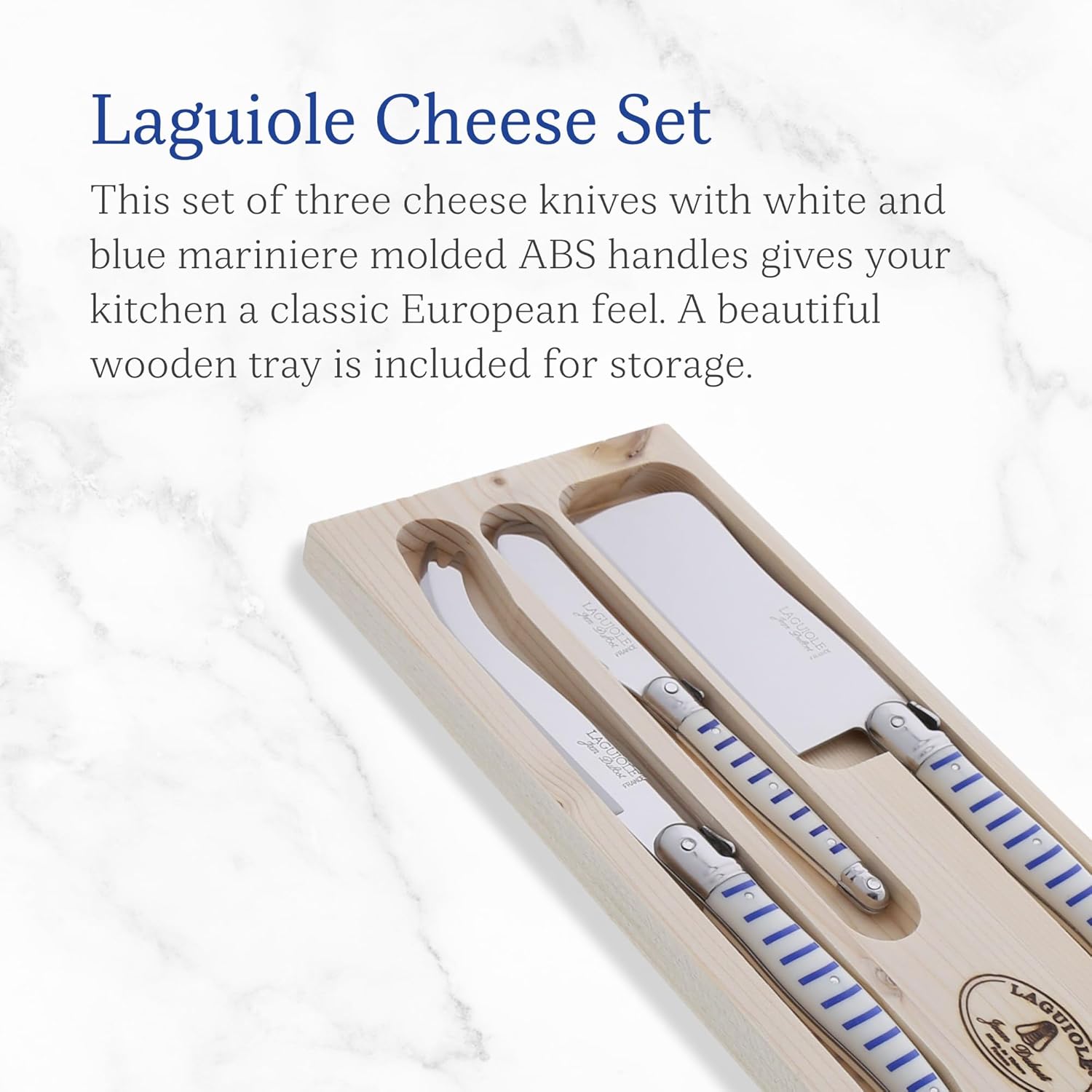 Jean Dubost Laguiole 3-Piece Cheese Knife Set, Mariniere Handles - Rust-Resistant Stainless Steel - Includes Wooden Tray - Made in France
