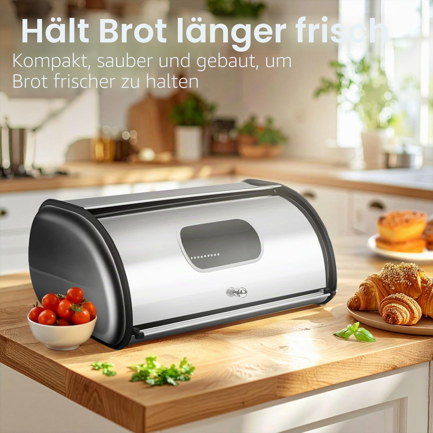 Flexzion Brotkastenhalter aus Edelstahl mit aufrollbarem Deckel, Aufbewahrungsbehälter für hausgemachte Kuchen, Brötchen, Toasts, Brote, Gebäck, Zuhause, Küche 17 Inch with Window edelstahl