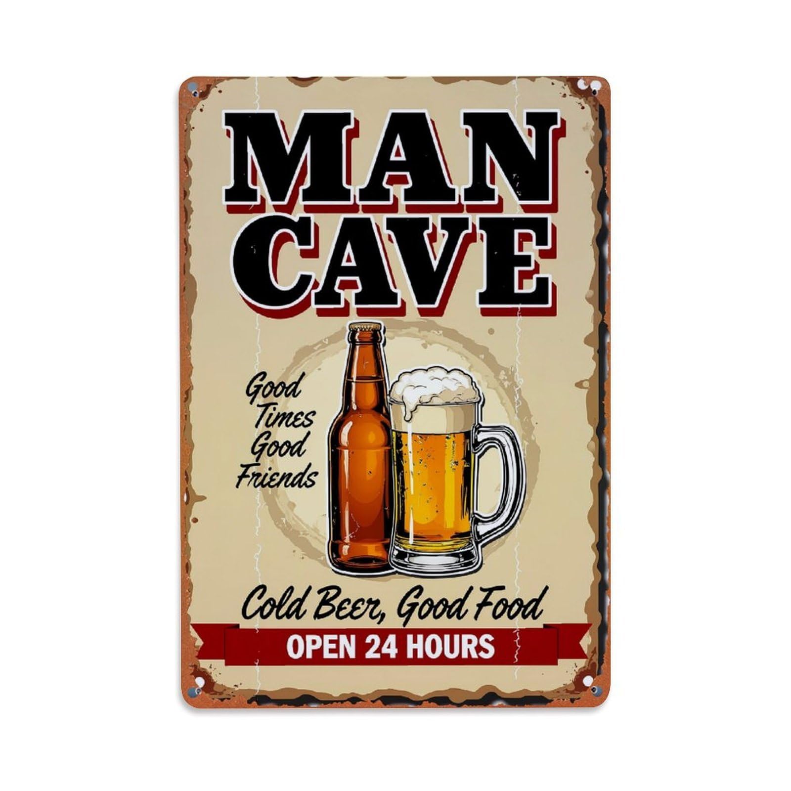 Man Cave Beer Mug Bottle Vintage Tin Sign Retro Metal Wall Decor Metal Poster, Home Bar Garage Farmhouse Cafe Wall Art Decoration 8x12Inches
