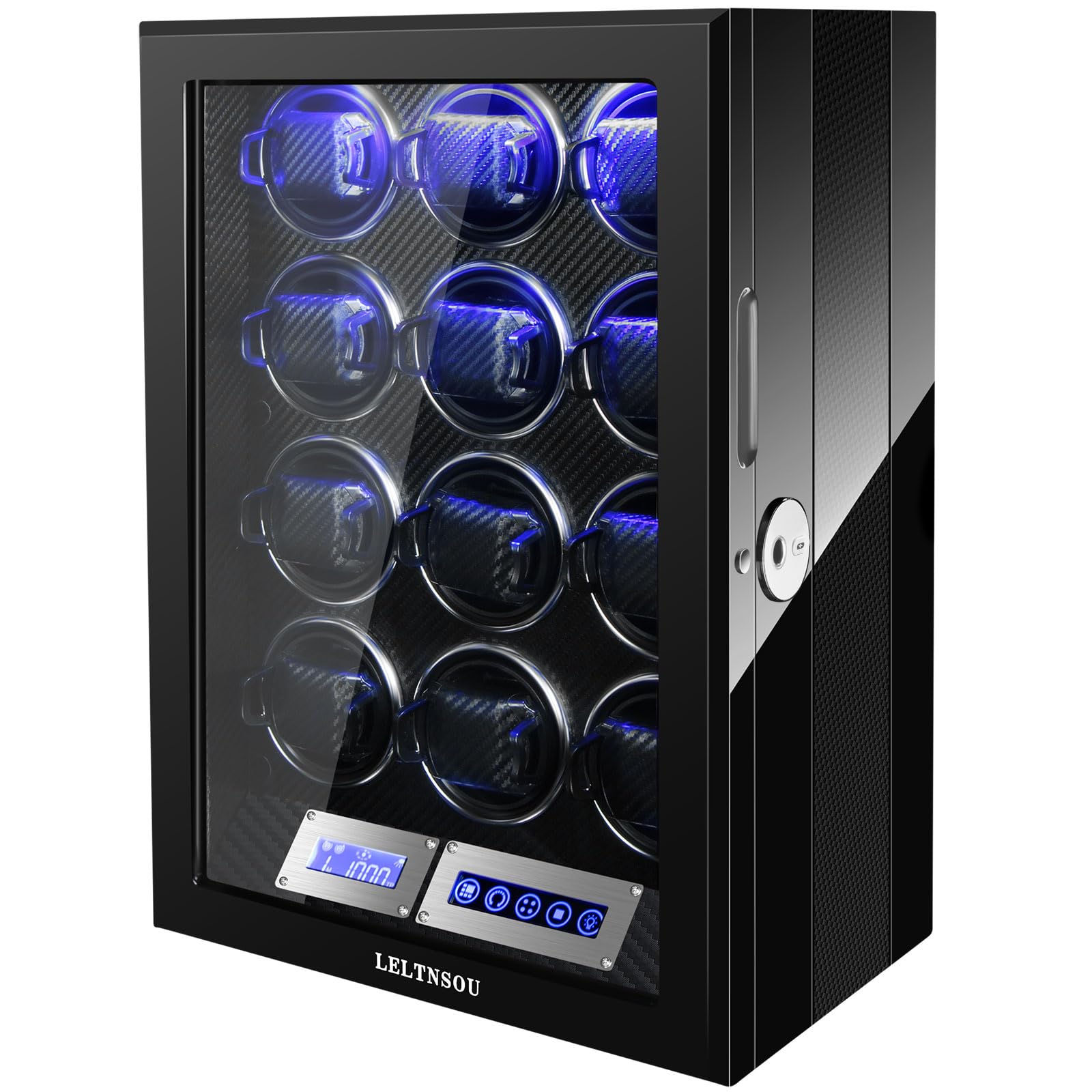 Uhrenbeweger für 12 Aufziehplätze, automatische Uhren mit Fingerabdruck-Entriegelung, ultra-leisen japanischen Motoren, integrierter LED-Beleuchtung und LCD-Touchscreen-Steuerung