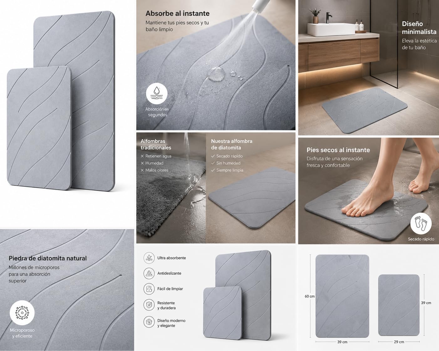 Alfombra Diatomita Baño | ZenStone Duo Pack 2 Tamaños | Secado Rápido, Alta Absorción, Antideslizante, Antibacteriana | Incluye Lija