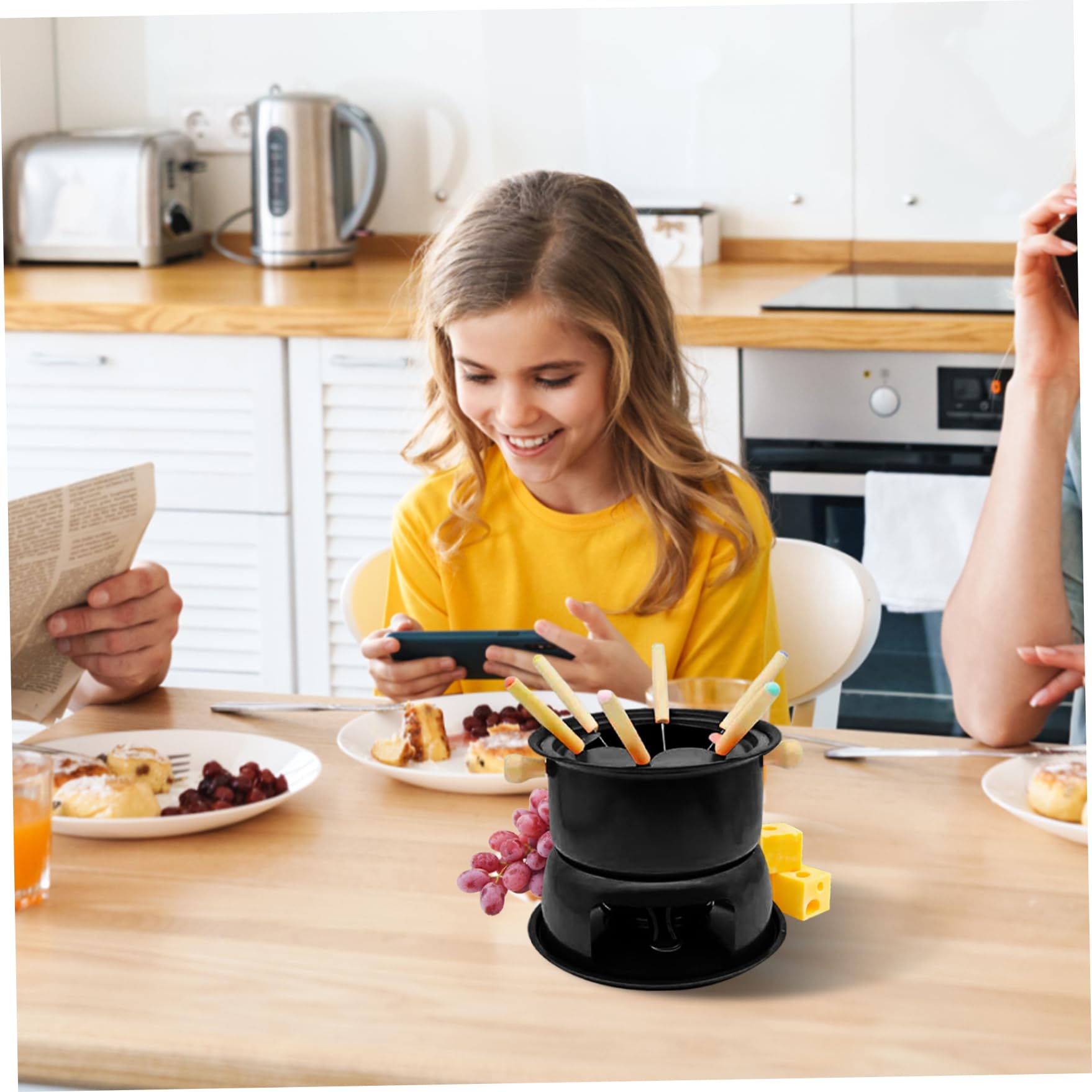 Service à Fondue : caquelon en Acier au Carbone avec 6 fourchettes, Tasse à Fondre pour Chocolat, Fromage et Viande, pour 6 Personnes