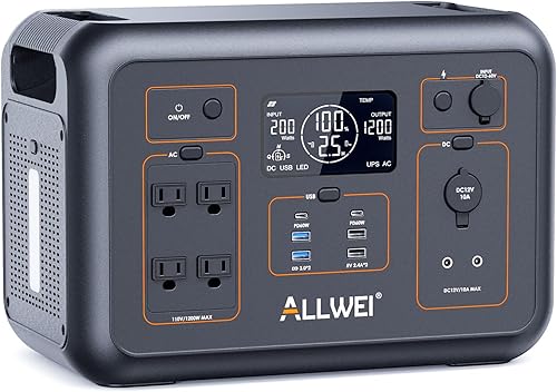 ALLWEI LiFePO4 - Estación de energía portátil de 1200 W, generador solar de 1008 Wh con modo UPS, carga rápida de 1.5 horas, 4 salidas de CA