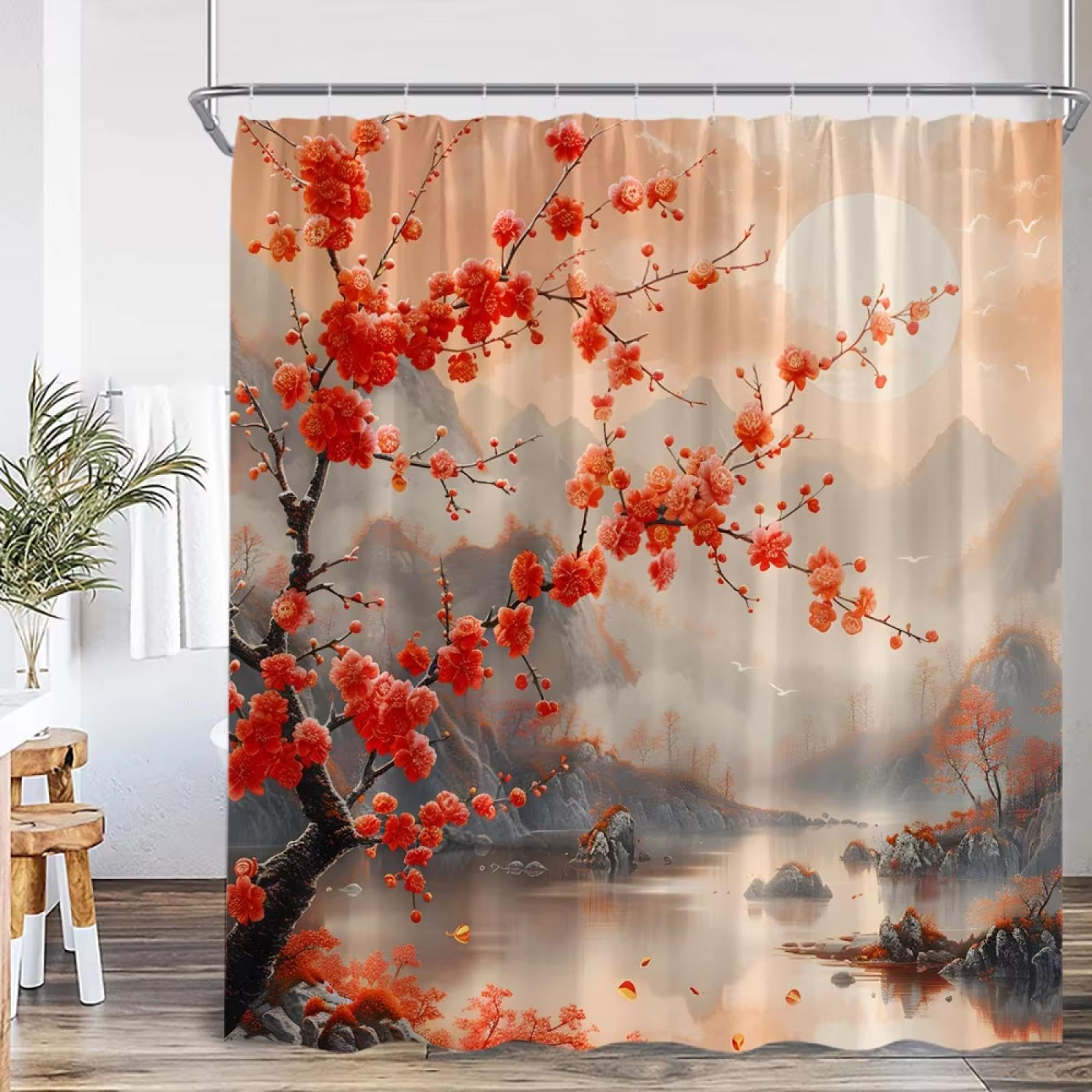 Rideau de douche chinois 75x200 motif montagne rivière