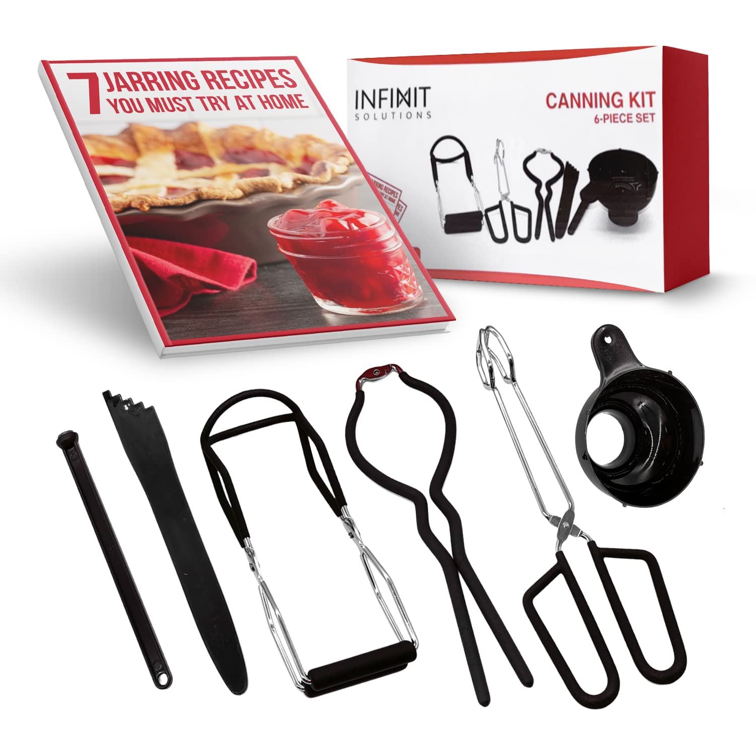 Infinit Solutions 6-Piece Black Canning Supplies Kit - Tools For Jarring - Includes Jar Wrench, Lifter, Funnel, Mixer, Kitchen Tongs And Magnetic Lid Lifter - Recipe eBook Included JCK001 6 Piece Set