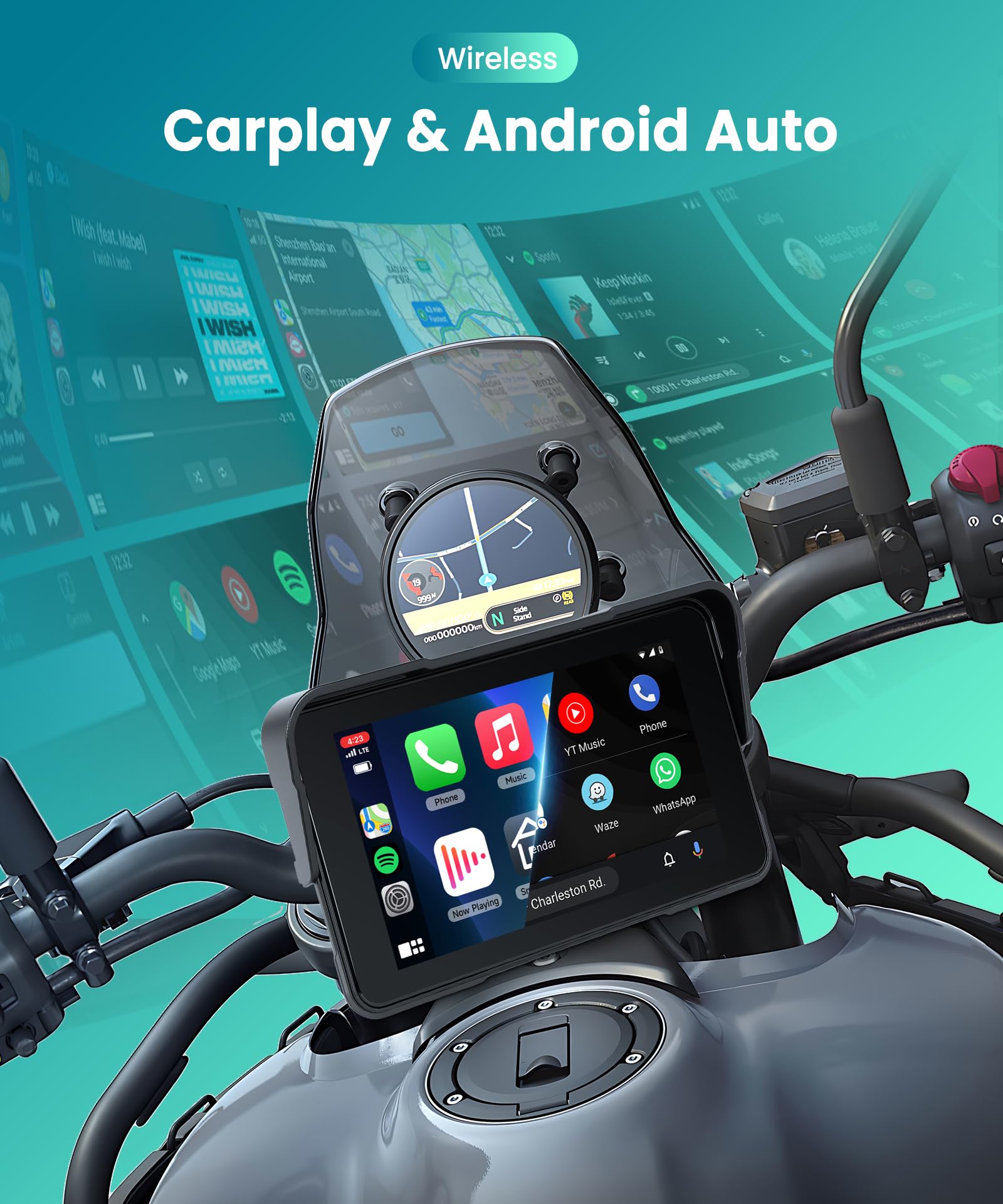 VECHTEL Motorrad Navi Kabelloses CarPlay und Android Auto per Moto, 5 Zoll HD Touchscreen GPS Navigation für Motorrad mit IP68 Wasserdicht, Bluetooth, Assistente Siri/GOO-gle, TPMS, Typ-C