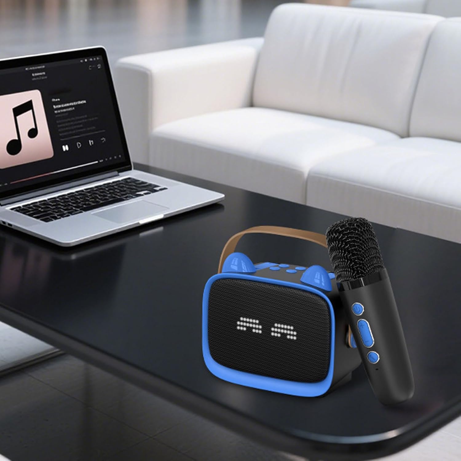 Mini Karaoke Machine, Bluetooth Speaker with 2 Wireless Mics 5 Sound Modes, Kids Party Equipment Digital Signal Processing Phone Stand for Home Travel Family Gatherings