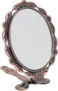 FOMIYES Espejo Maquillaje Plegable Vintage con Mango Pequeño Resistente y Portátil para Mujer Espejo Bolso Ovalado Rojo Cobre para Viaje y Uso Diario