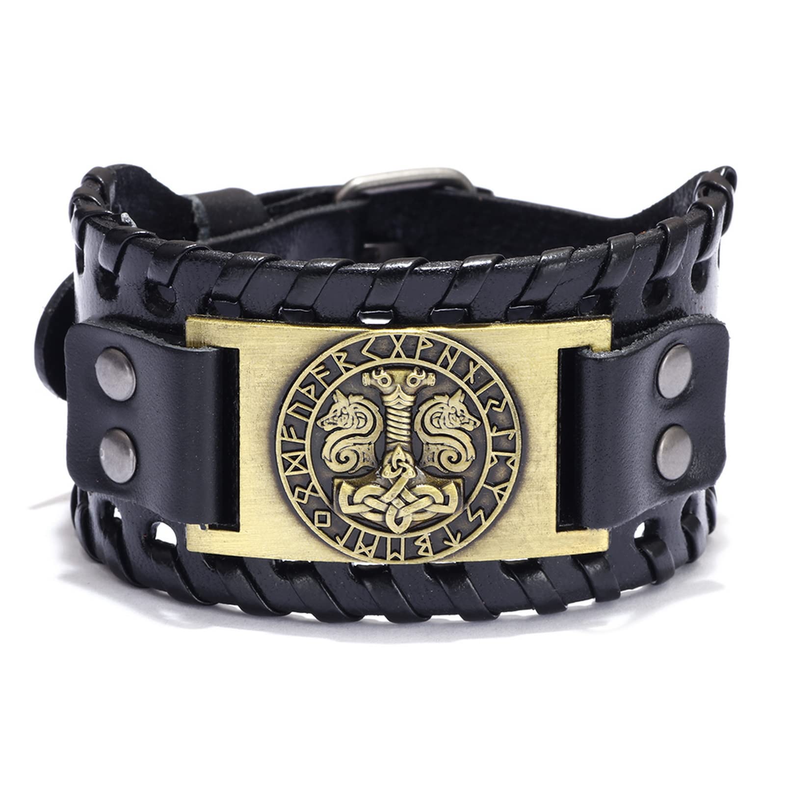 Thajaling Pulsera de cuero vikingo, pulsera de martillo de Thor nórdico, pulsera ancha de tótem de runas de Odin, Brazaletes de nudo celta, brazalete de piel de vaca vintage para hombres y mujeres