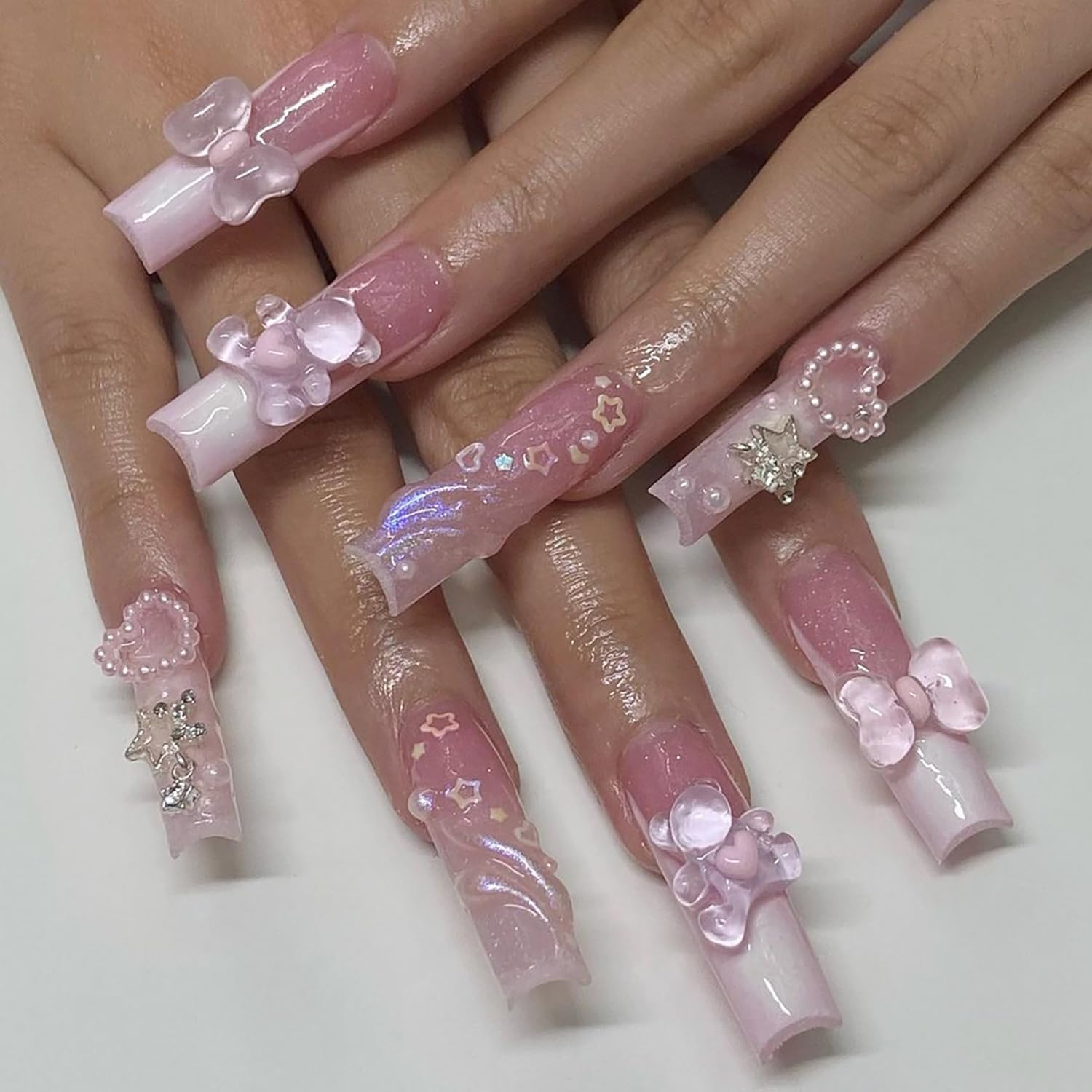 Pink French Tip Press on Nails Long Square Aritifical Acrylic Fake Nails with Small Bear Bow Tie Stars Pearl Design Full Cover Coffin False Nails