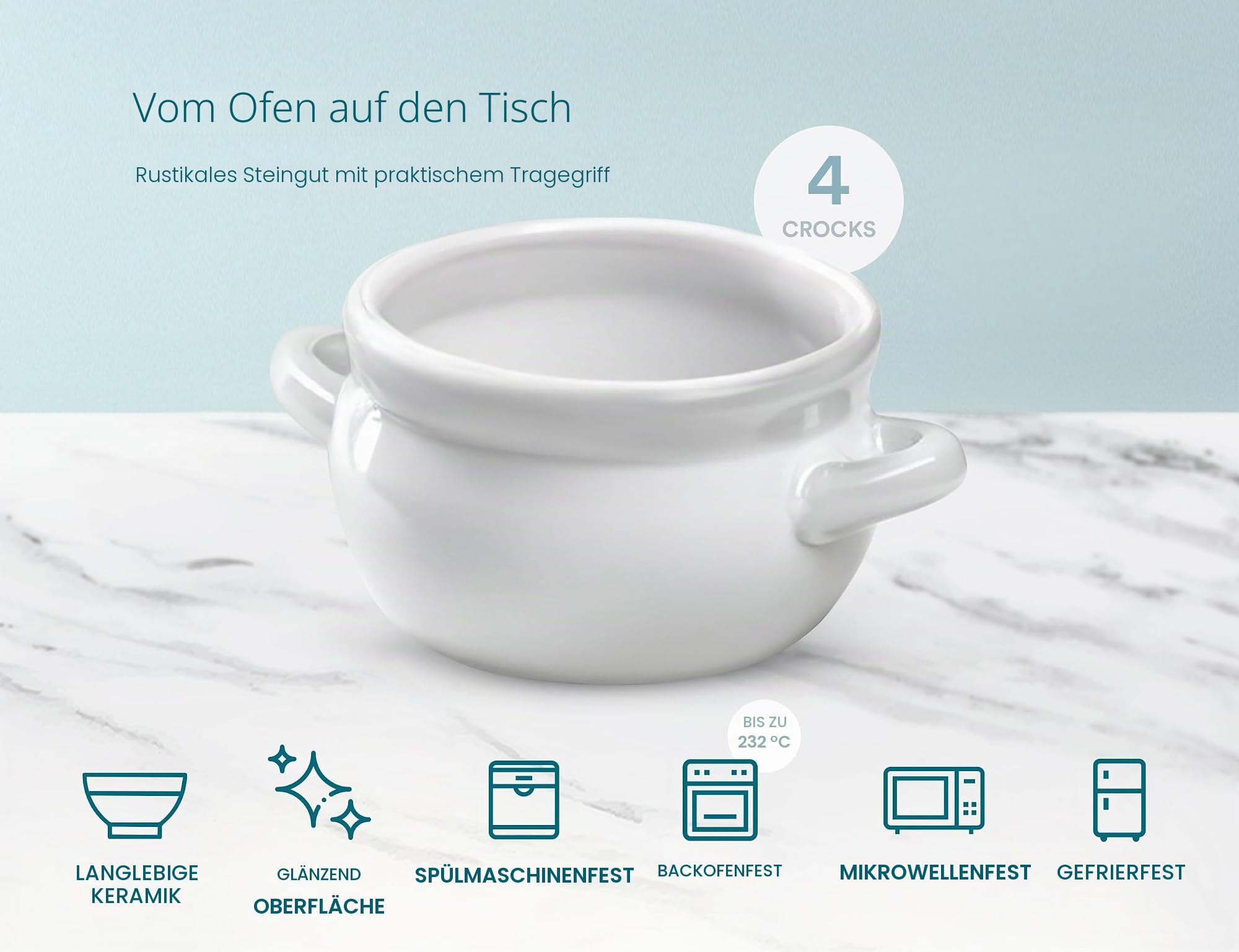 KooK Französische Zwiebelsuppentöpfe mit Griffen, Keramik, spülmaschinen-, mikrowellen-, ofen- und bratfest, Weiß, 4 Stück, 530 ml