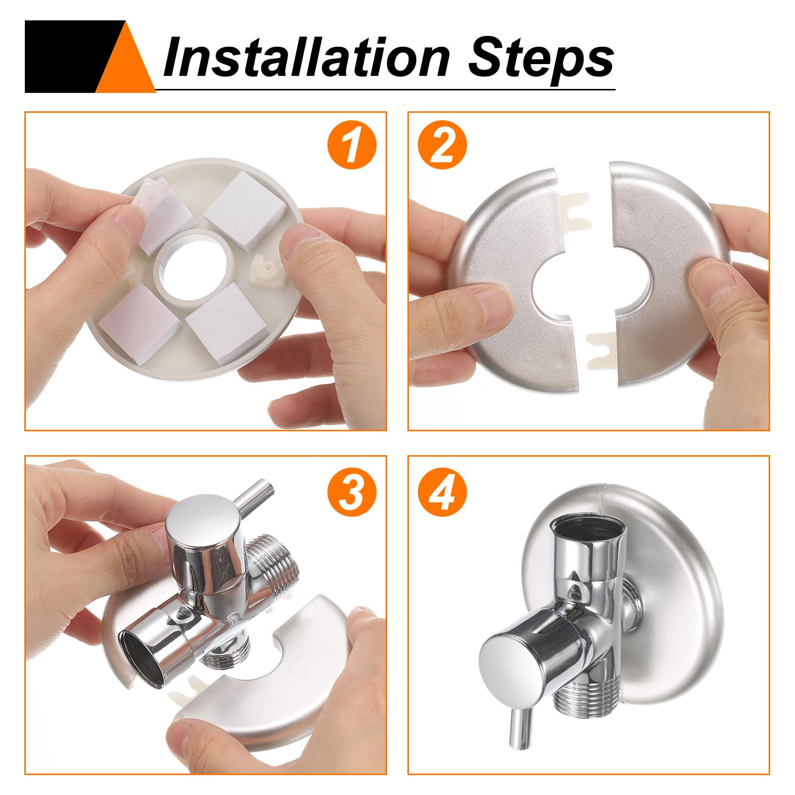 sourcing map 2 placas de cubierta de fontanería autoadhesivas de plástico ABS con brida dividida de 17 mm, diseño de hebilla para tubería de agua, baño, cocina, decoración, tono plateado