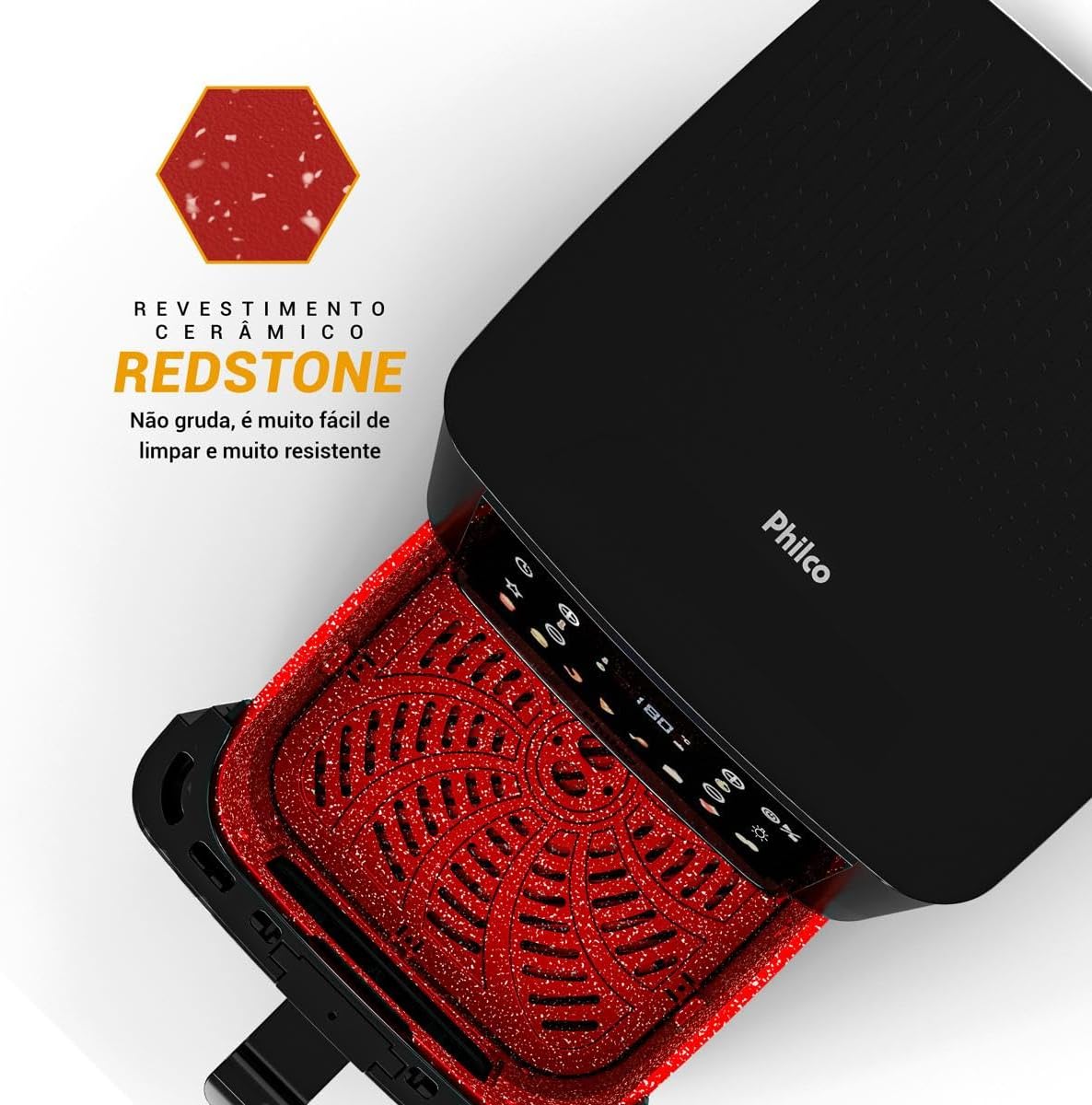 Detalhe do cesto da Air Fryer com revestimento cerâmico vermelho Redstone