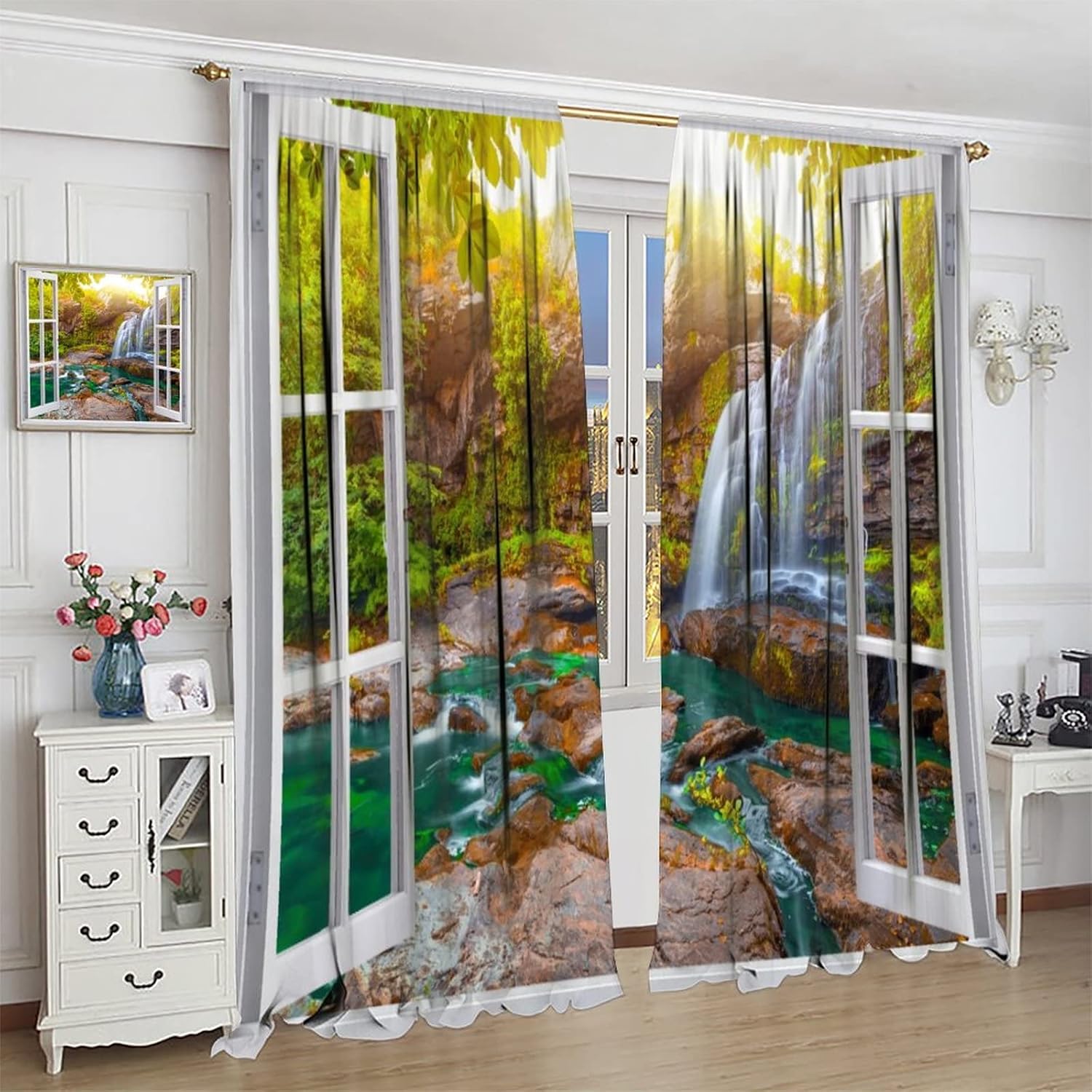 Landscape Curtains,Nature Spring Scenery View Window Forest Waterfall Landscape Scenic 3D Printed Window Treatments for Bedroom Living Room Kitchen Window Drapes 2 Panel Set 42" x 63"