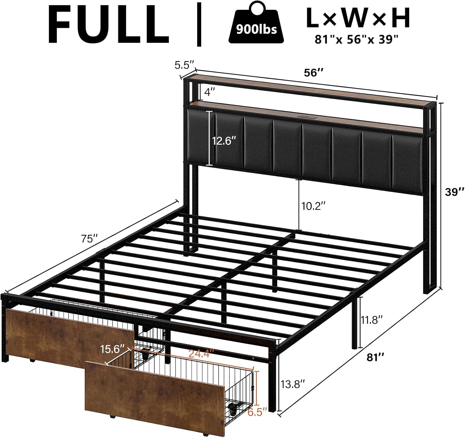 Full Metal Bed Frame with Storage Drawers and LED Headboard