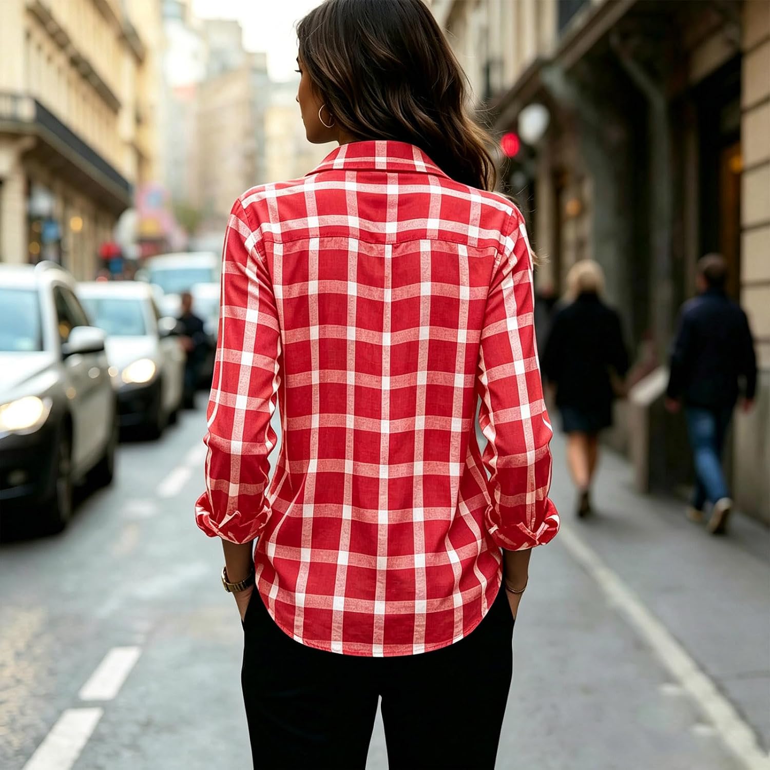 Women's Plaid Button Down Shirts Collar Long Sleeve Dressy Blouses