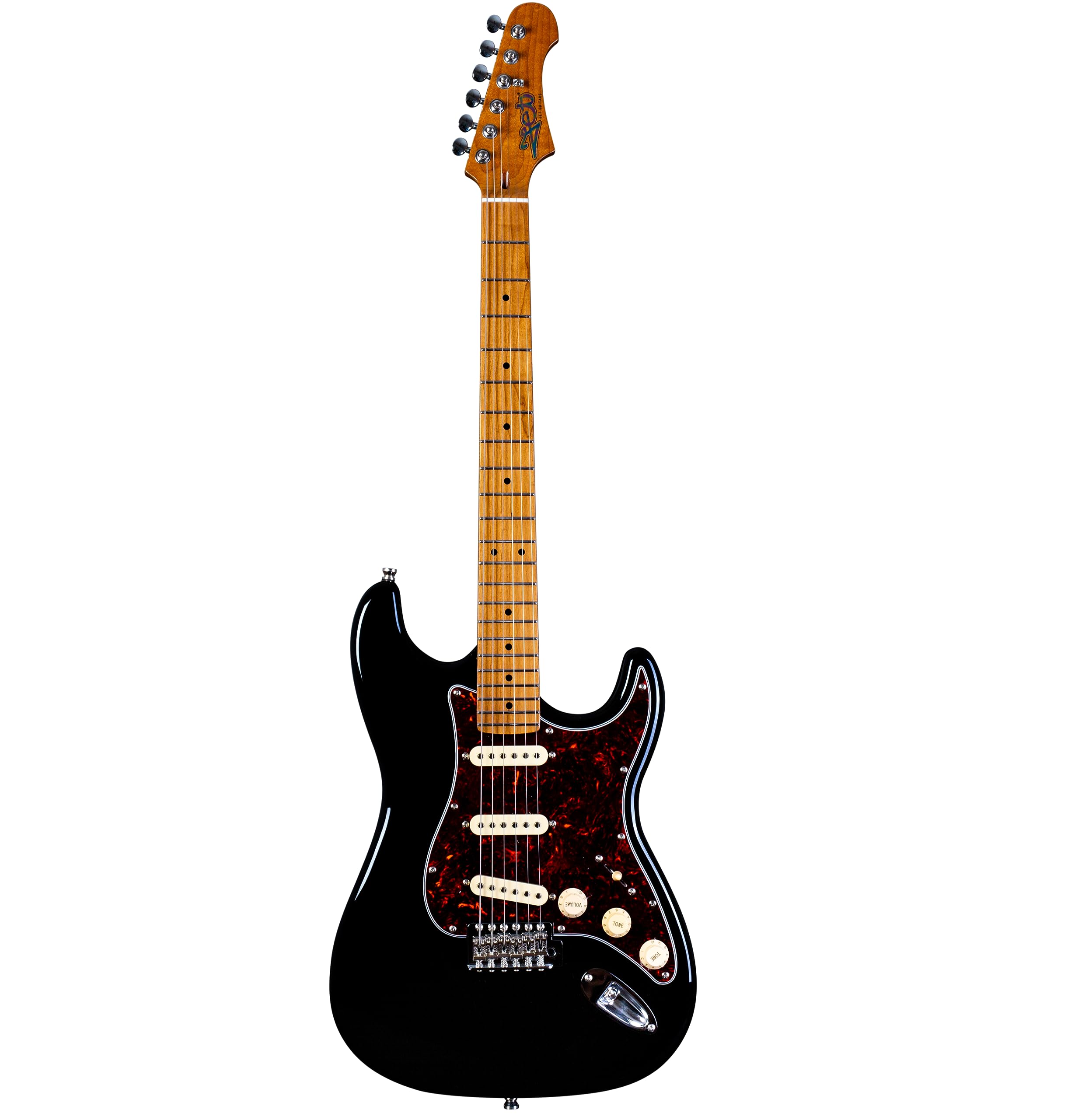 JS300 BK Strat Guitarra, cuerpo de tilo sólido, 22 trastes, cuello de arce tostado, pastillas de cerámica, trémolo tradicional