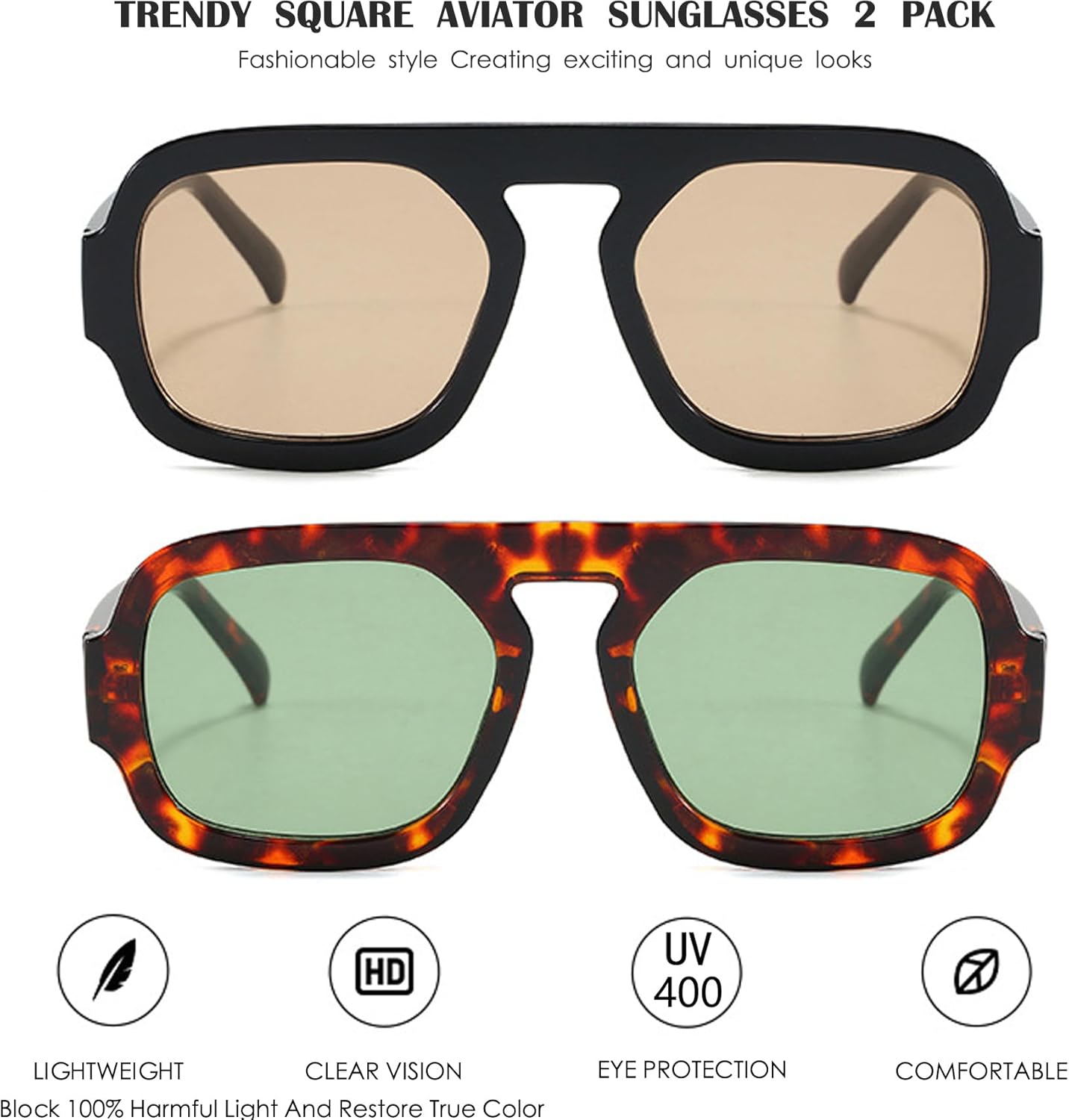 Trendy Square Aviator Sunglasses for Women Flat Top Designer Stylish Frame Sun Glasses Vintage Shades - Image 2